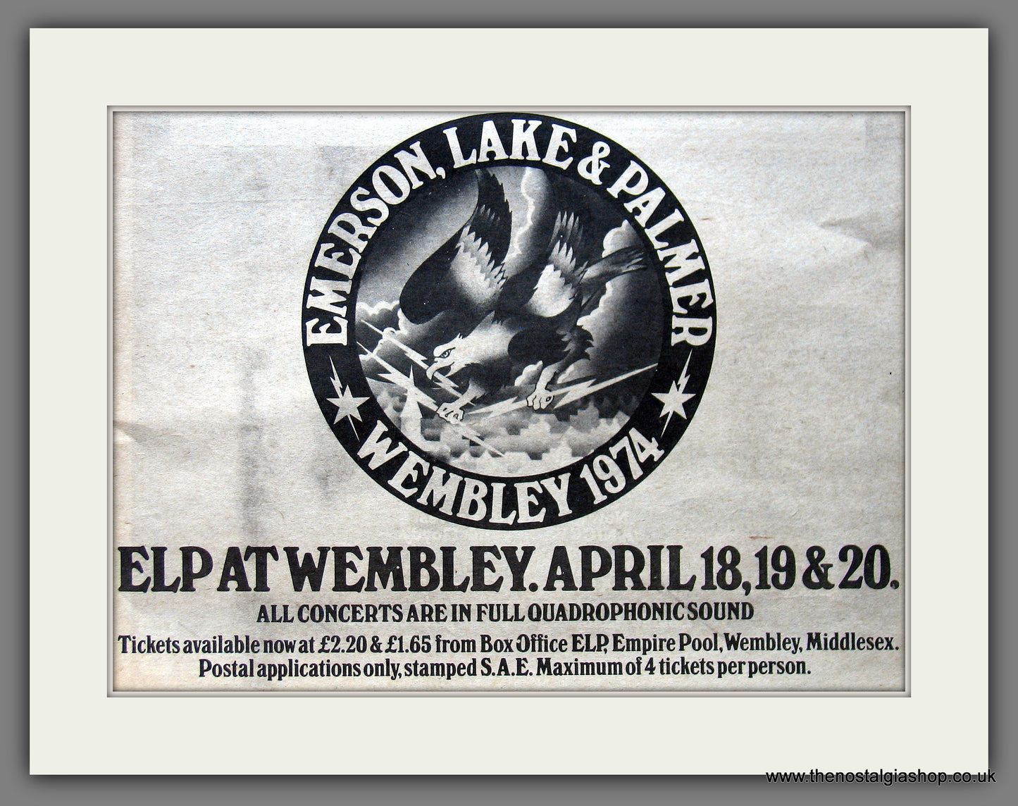 Emerson, Lake & Palmer. Wembley 1974. Original Advert 1974 (ref AD56236)