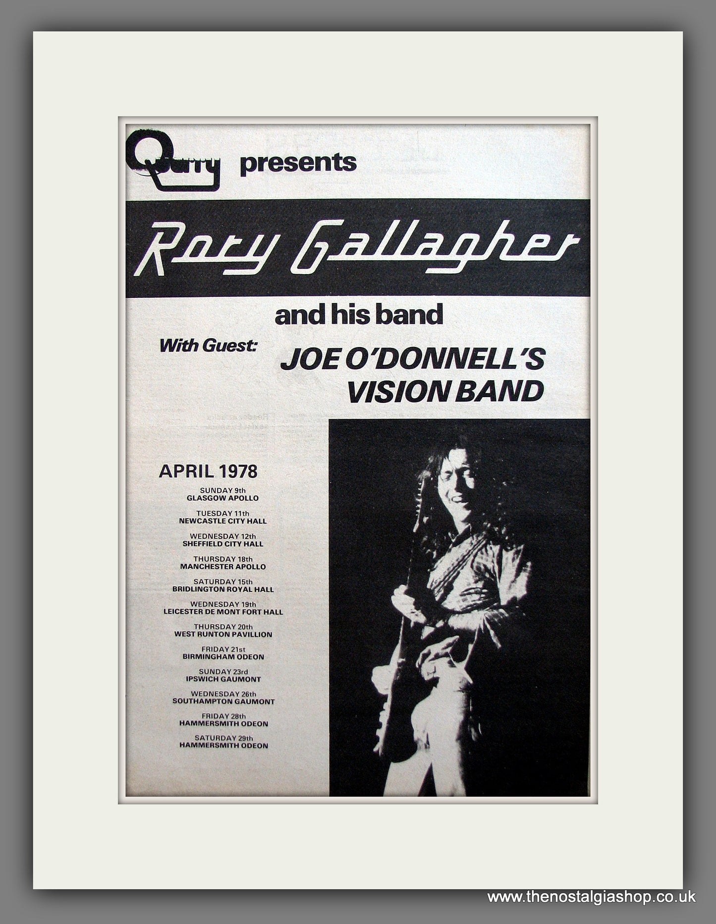 Rory Gallagher. '78 Tour with Joe O'Donnell's Vision Band. Vintage Advert 1978 (ref AD13907)