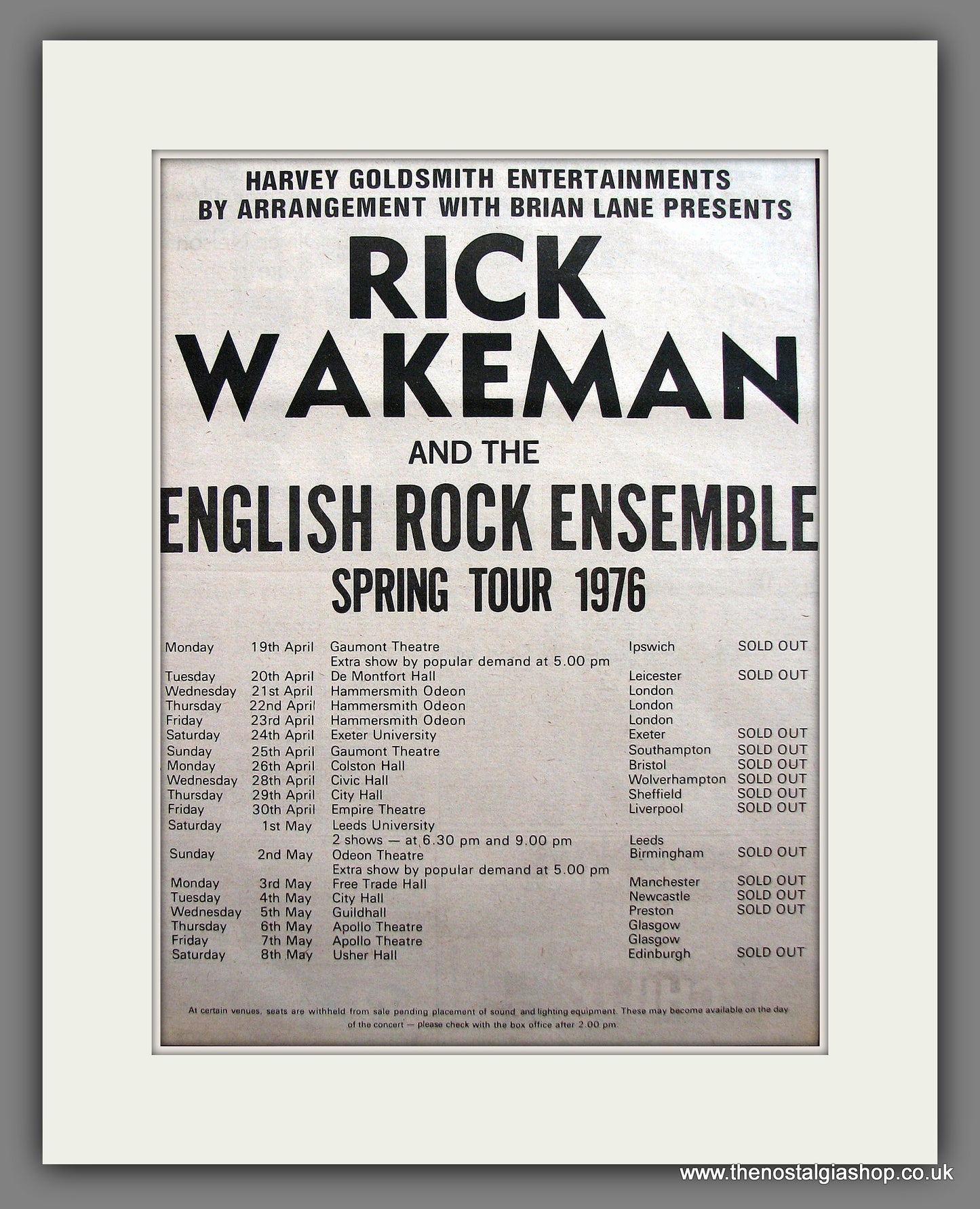 Rick Wakeman. Spring Tour '76. Vintage Advert 1976 (ref AD13955)