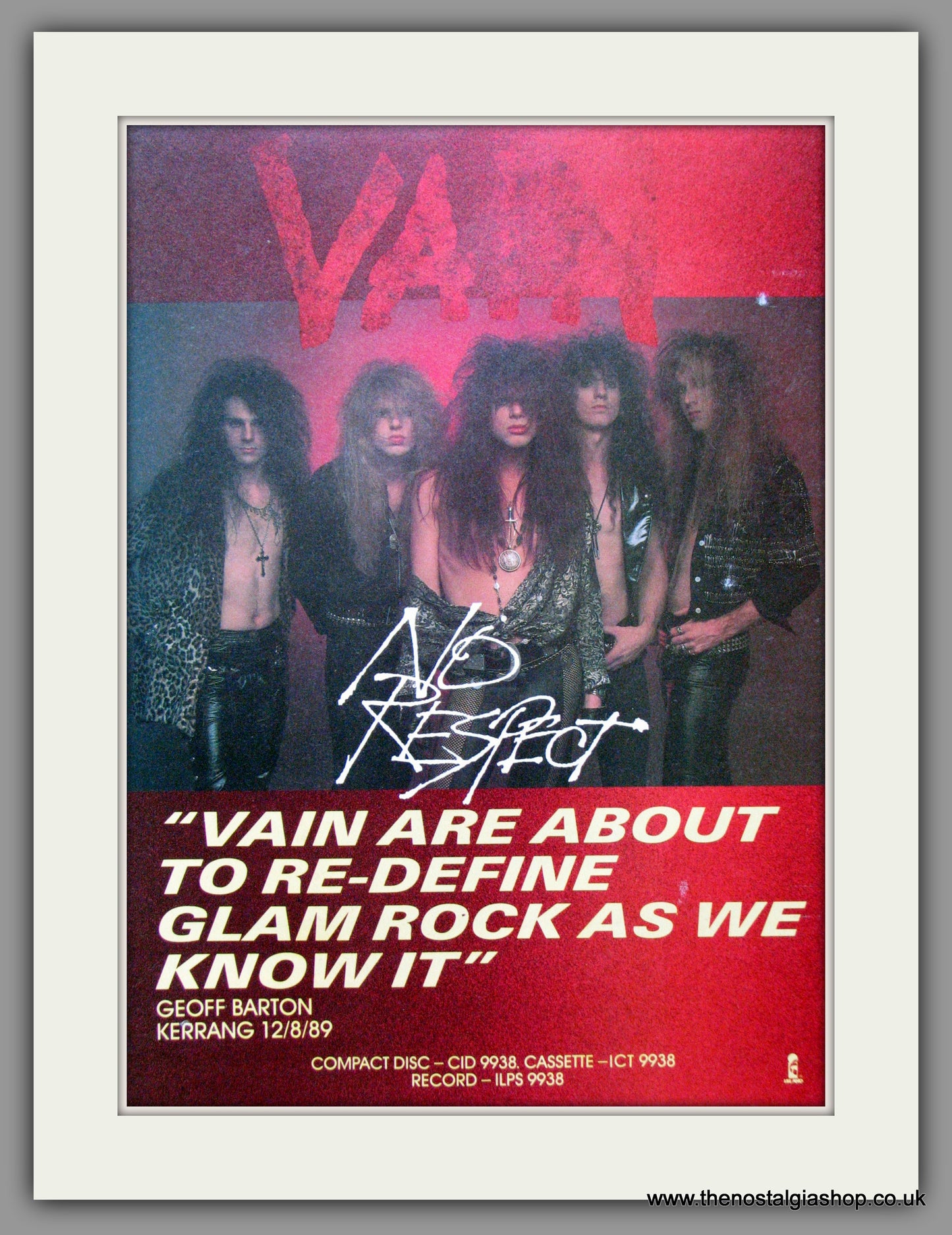 Vain. No Respect. Original Advert 1989 (ref AD53354)