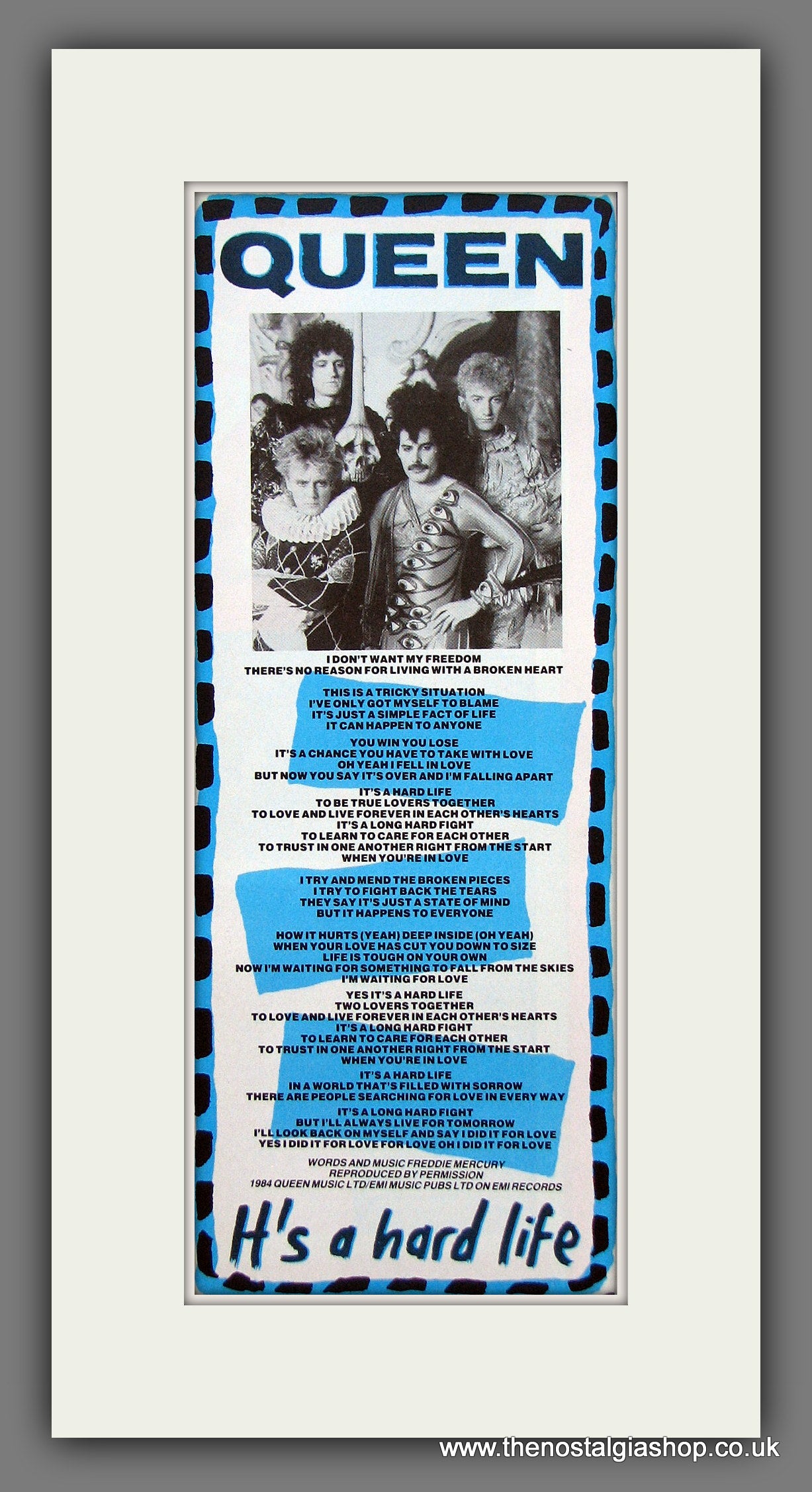Queen. It's A Hard Life. Original Lyrics Print 1984 (ref AD400007)