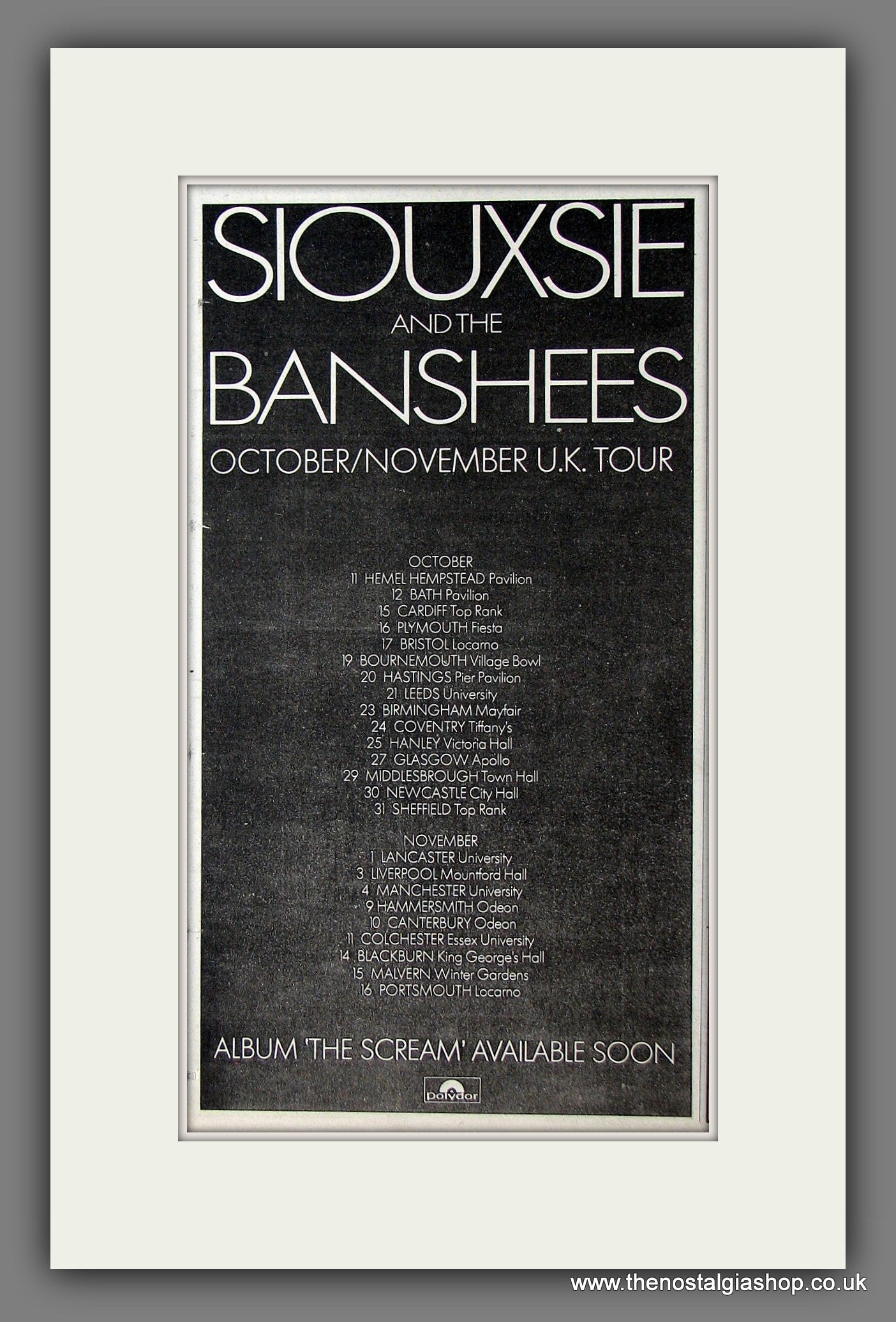 Siouxsie And The Banshees U.K Tour. Original Vintage Advert 1978 (ref AD56371)