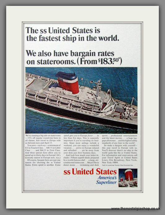 SS United States. America's. Superliner Original Advert 1966 (ref AD51718)