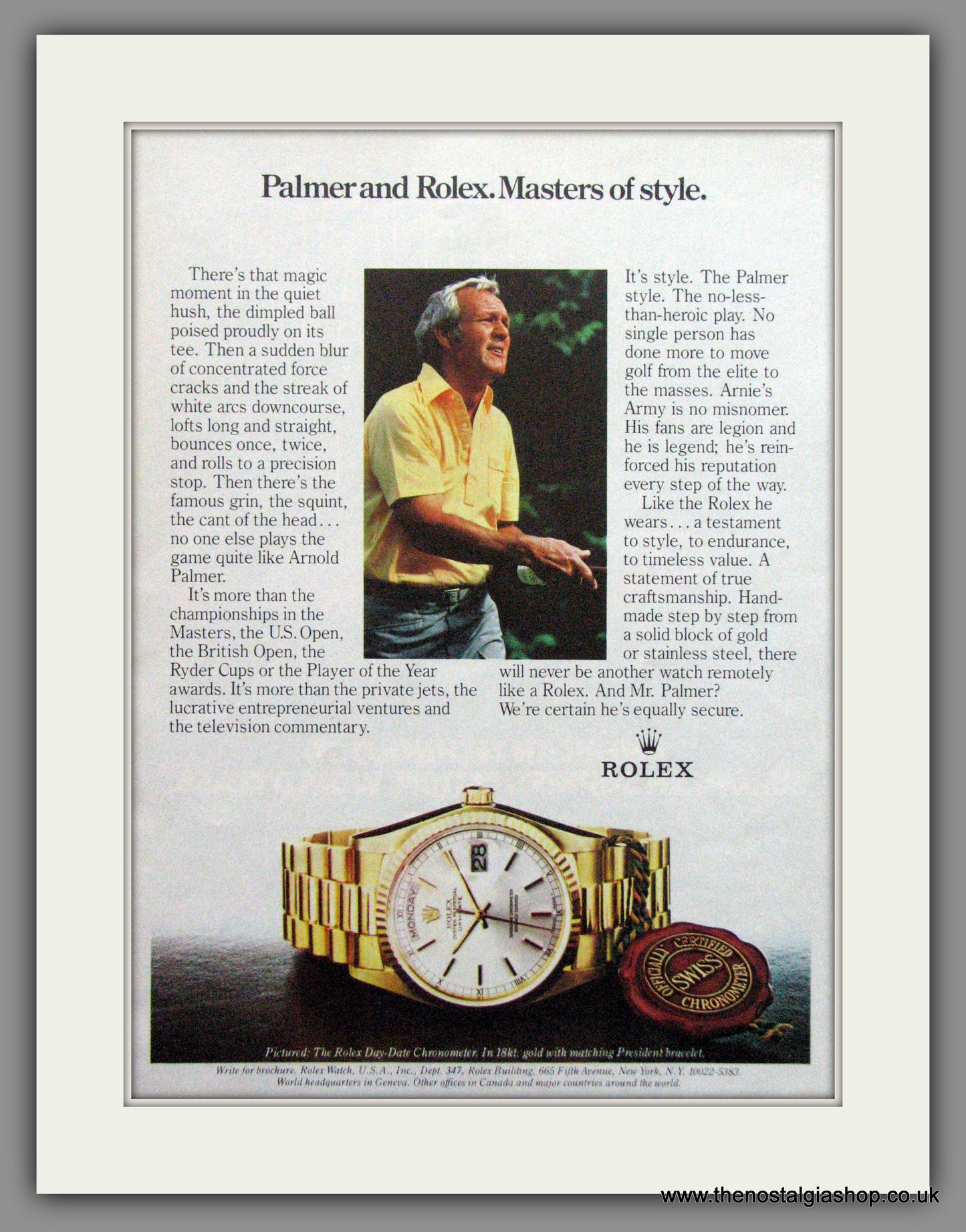 Rolex Day-Date Chronometer Watch with Arnold Palmer Original Advert 1983 (ref AD51704)