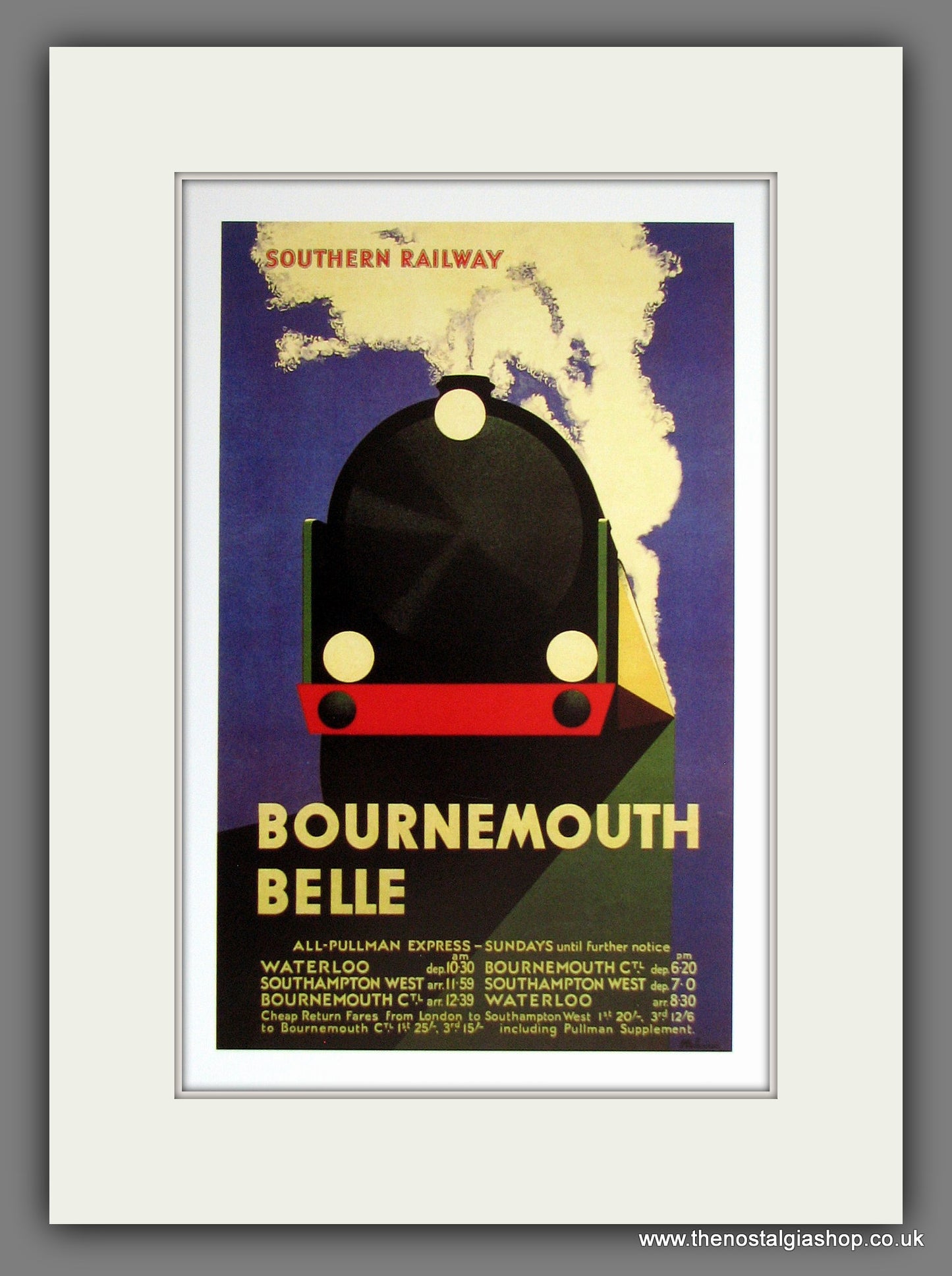 Bournemouth Belle. Southern Railway. Railway Travel Advert. (Reproduction). Mounted Print.