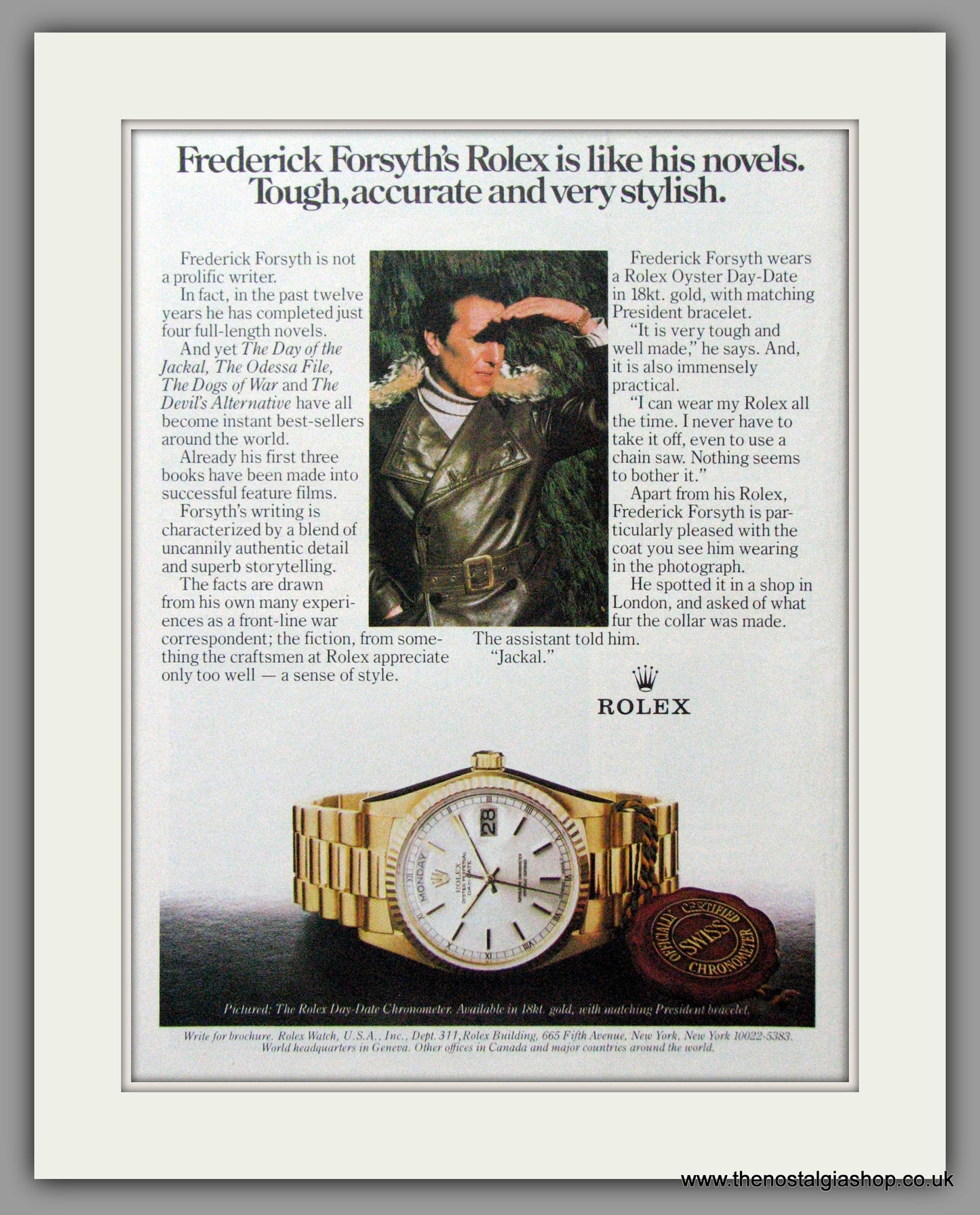 Rolex Day-Date Oyster Perpetual, worn by Frederick Forsyth. Original Advert 1983 (ref AD51830)