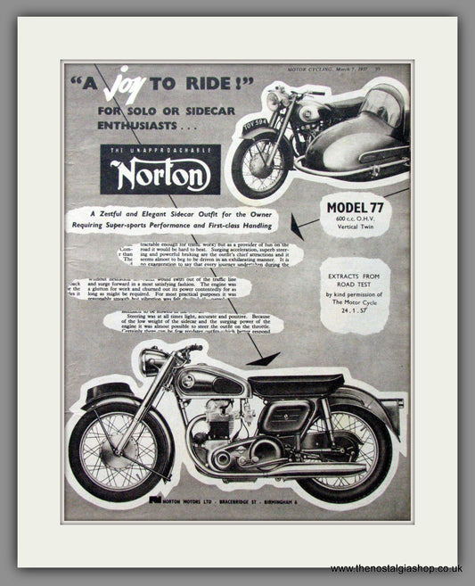 Norton Model 77 600cc O.H.V. Vertical Twin. Original Advert 1957  (ref AD51934)