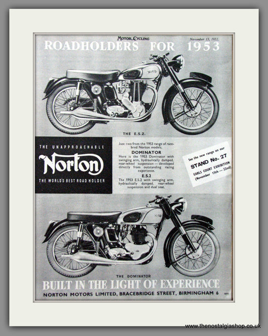 Norton. Roadholders for 1953, ES2 and Dominator. Original Advert 1952  (ref AD51955)