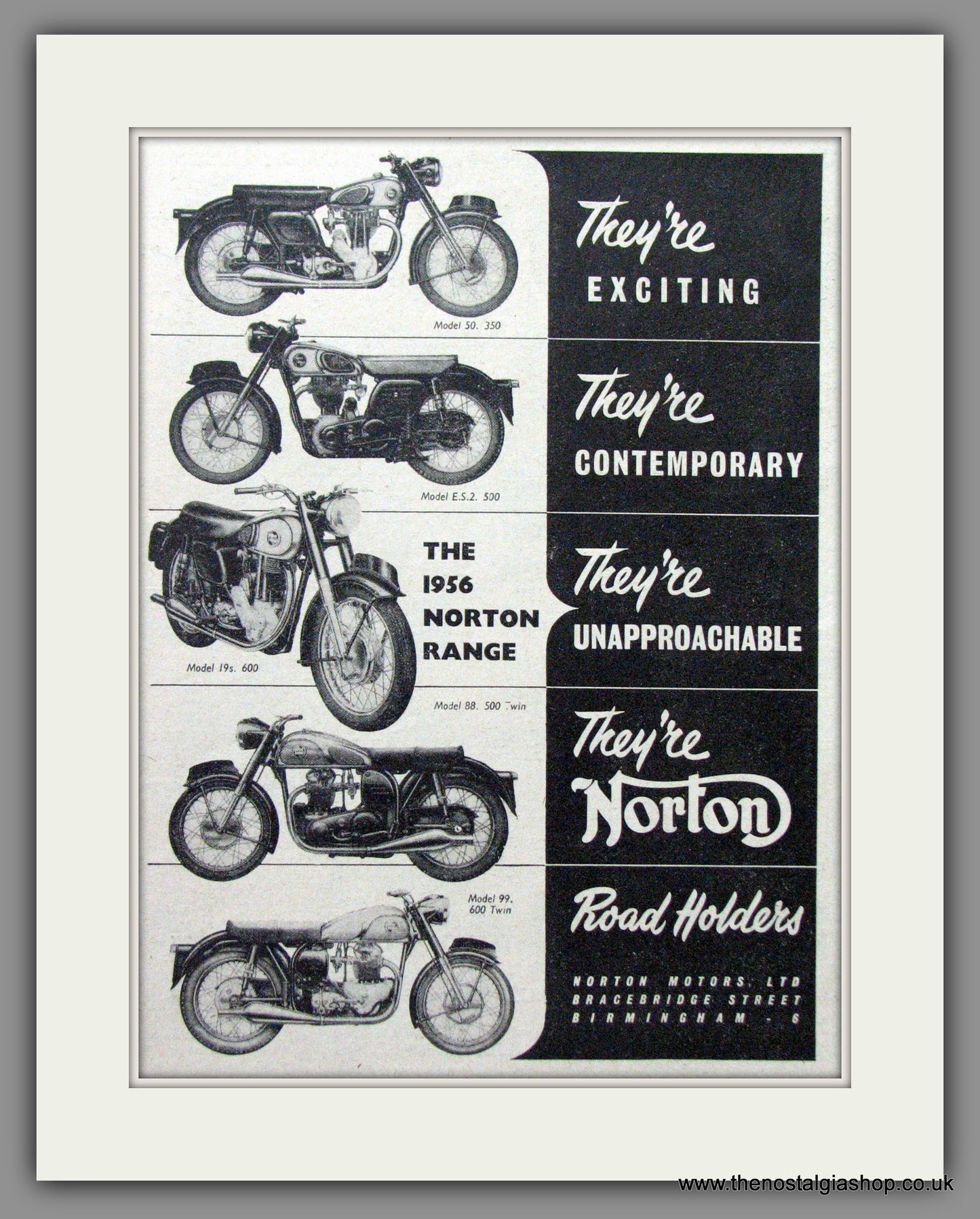Norton Motorcycle Range, Model 50, ES2, 19S, Model 88, 99. Original Advert 1955  (ref AD51958)
