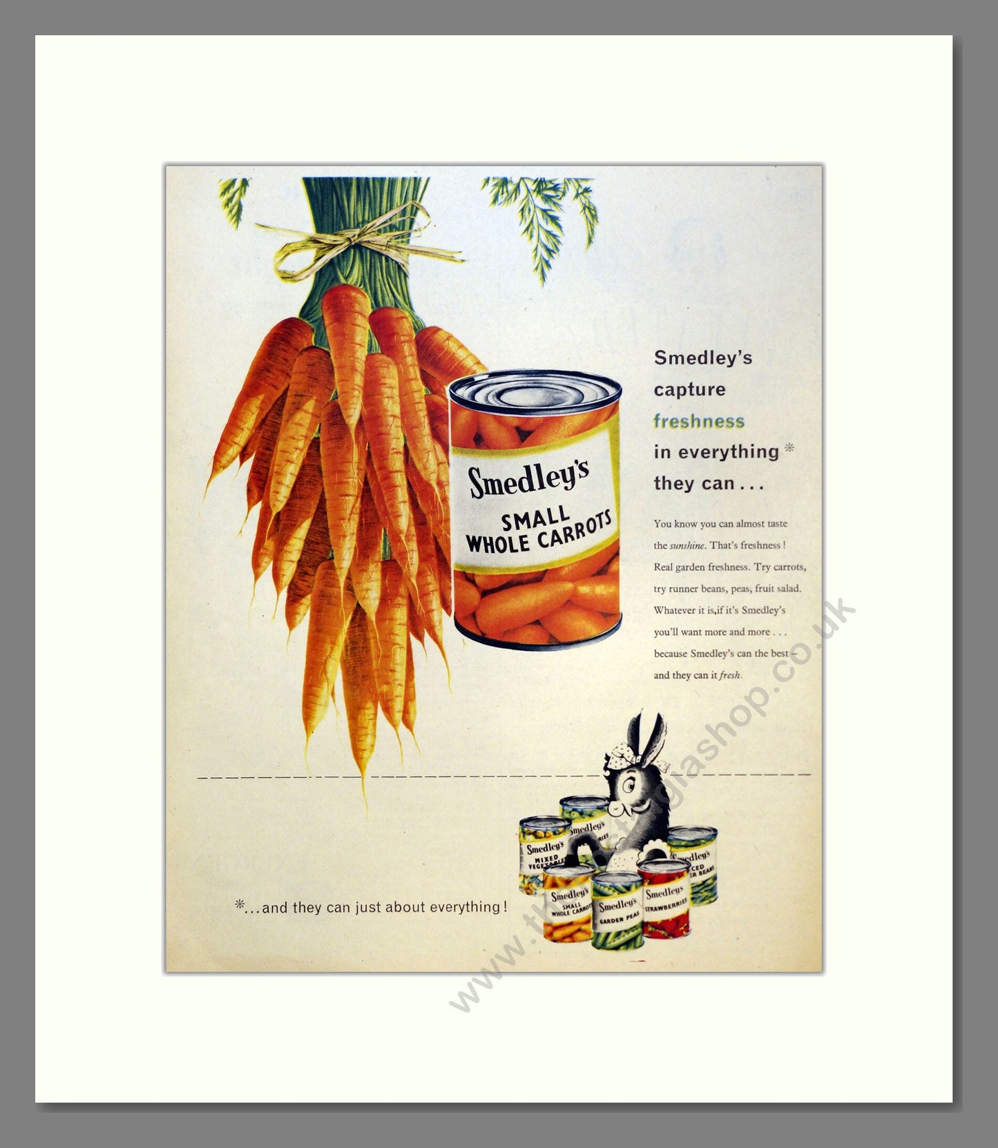Smedley's Tinned Carrots. Vintage Advert 1958 (ref AD301452)