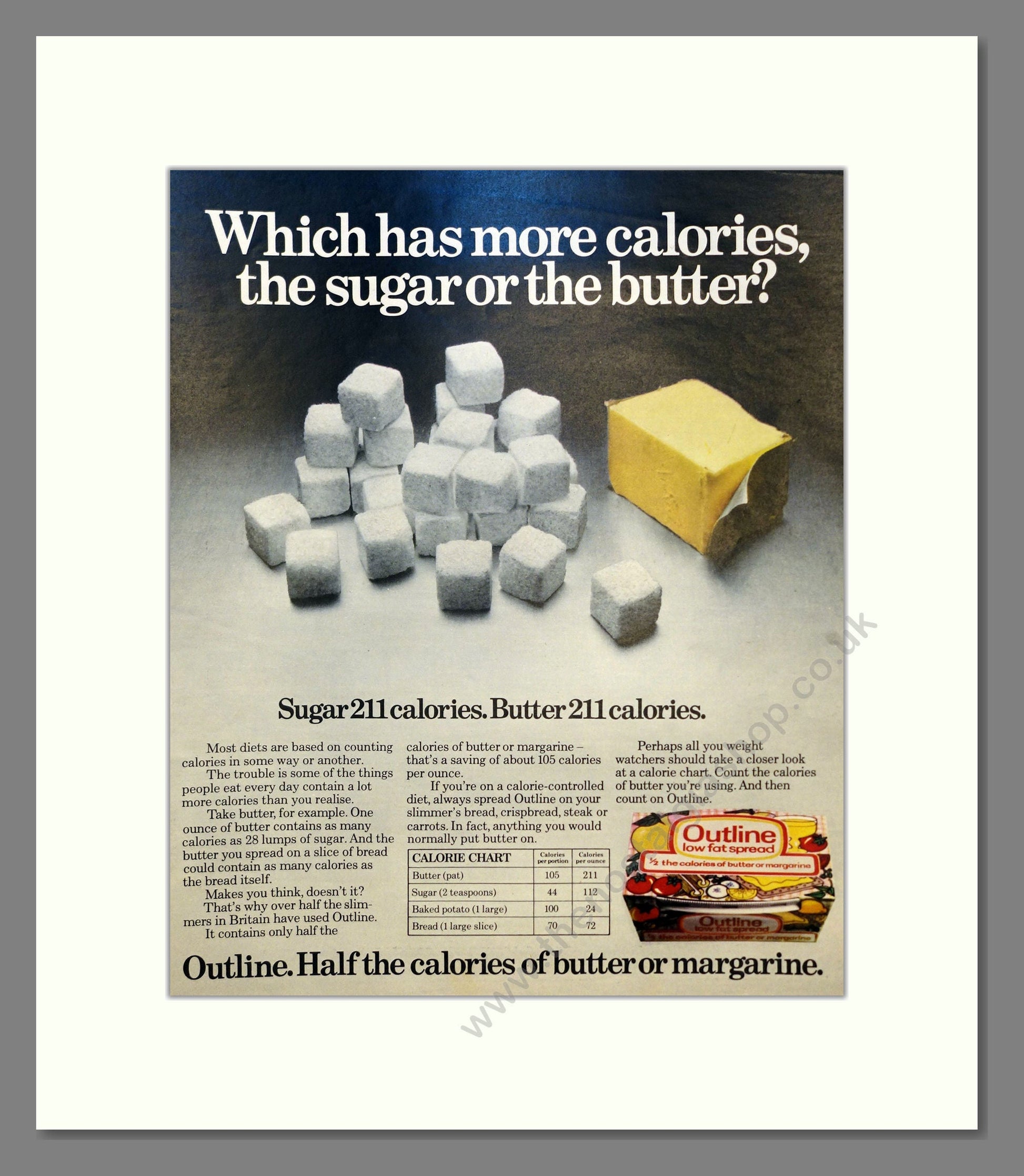 Outline Low Fat Spread. Vintage Advert 1973 (ref AD301477)
