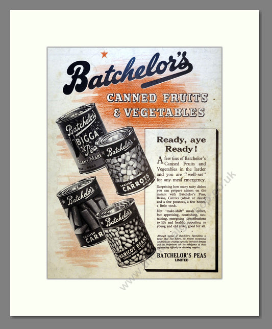 Batchelors Canned Fruits and Vegetables. Vintage Advert 1941 (ref AD301544)