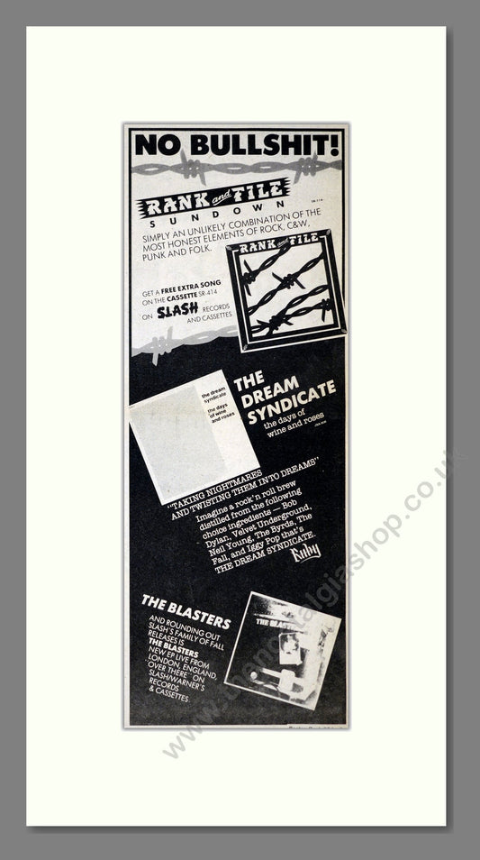 Rank and File Sundown - Various Albums Dream Syndicate (The), Blasters (The). Vintage Advert 1982 (ref AD201104)
