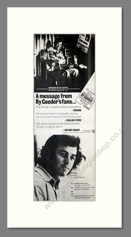 Ry Cooder - UK Tour. Vintage Advert 1977 (ref AD201132)