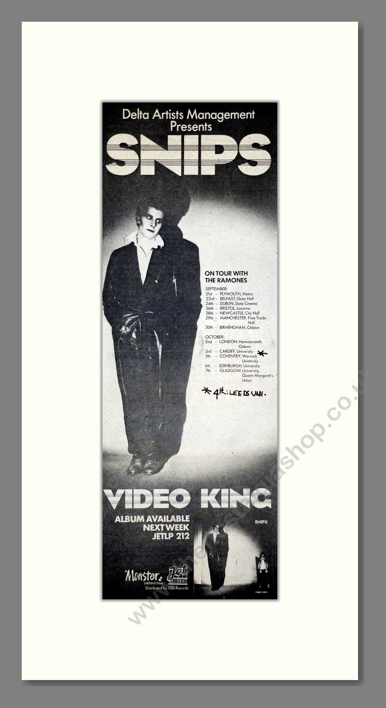 Snips - Video King (UK Tour). Vintage Advert 1978 (ref AD201179)