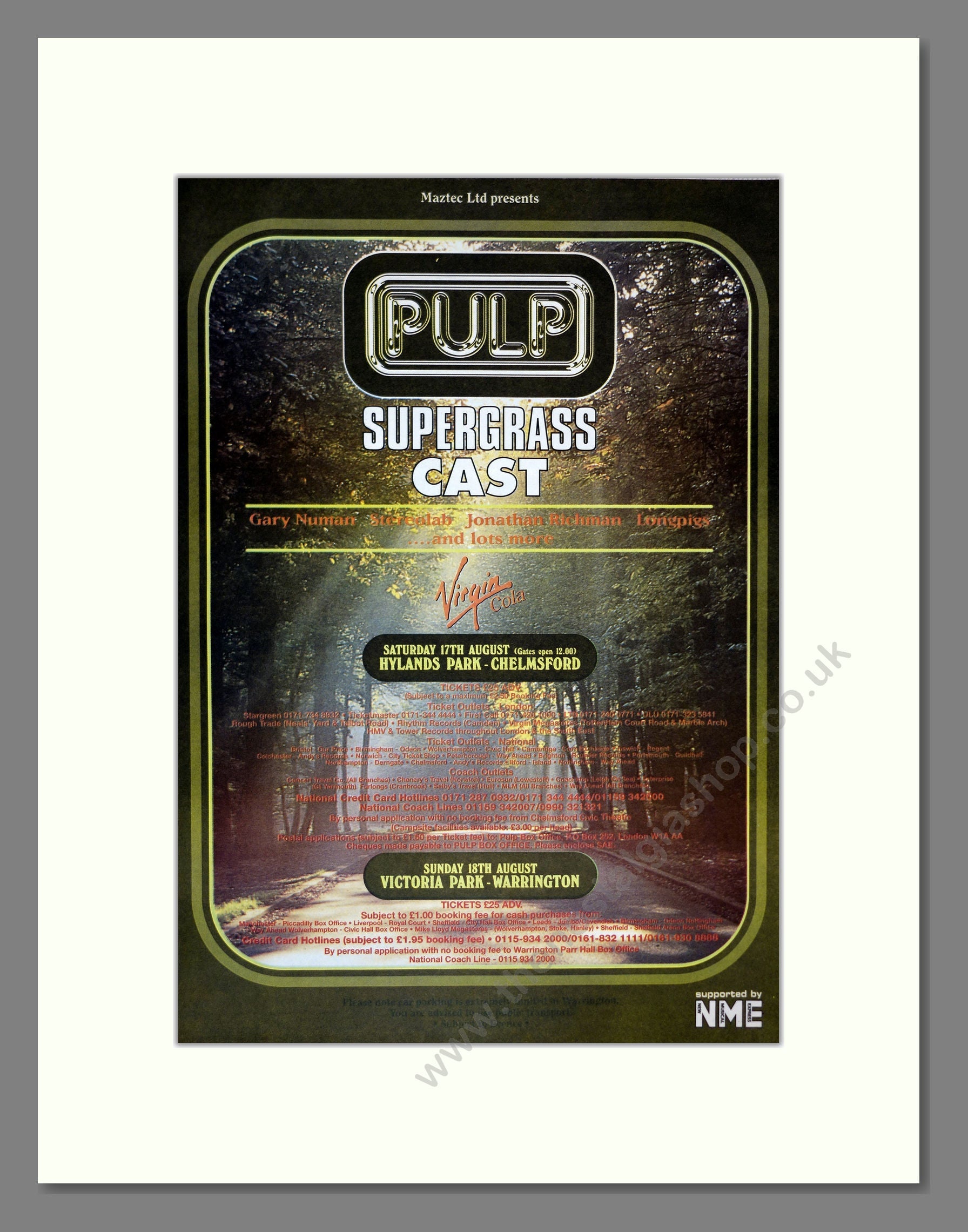 Pulp / Supergrass / Cast - Festival Line up. Vintage Advert 1996 (ref AD17241)