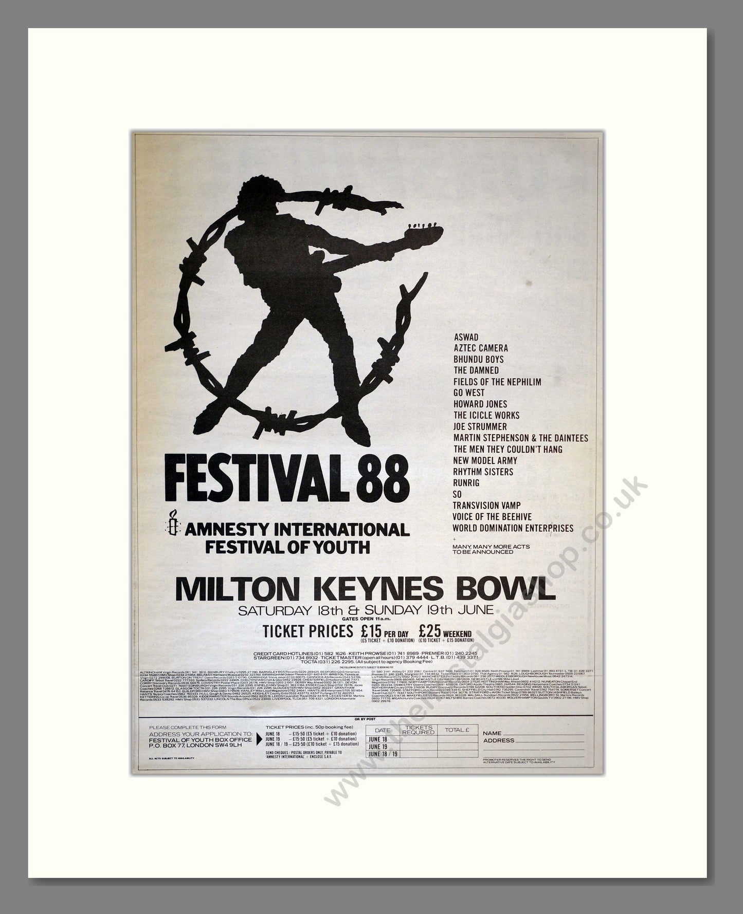 Milton Keynes Bowl - Amnesty Festival 88. Vintage Advert 1988 (ref AD17243)