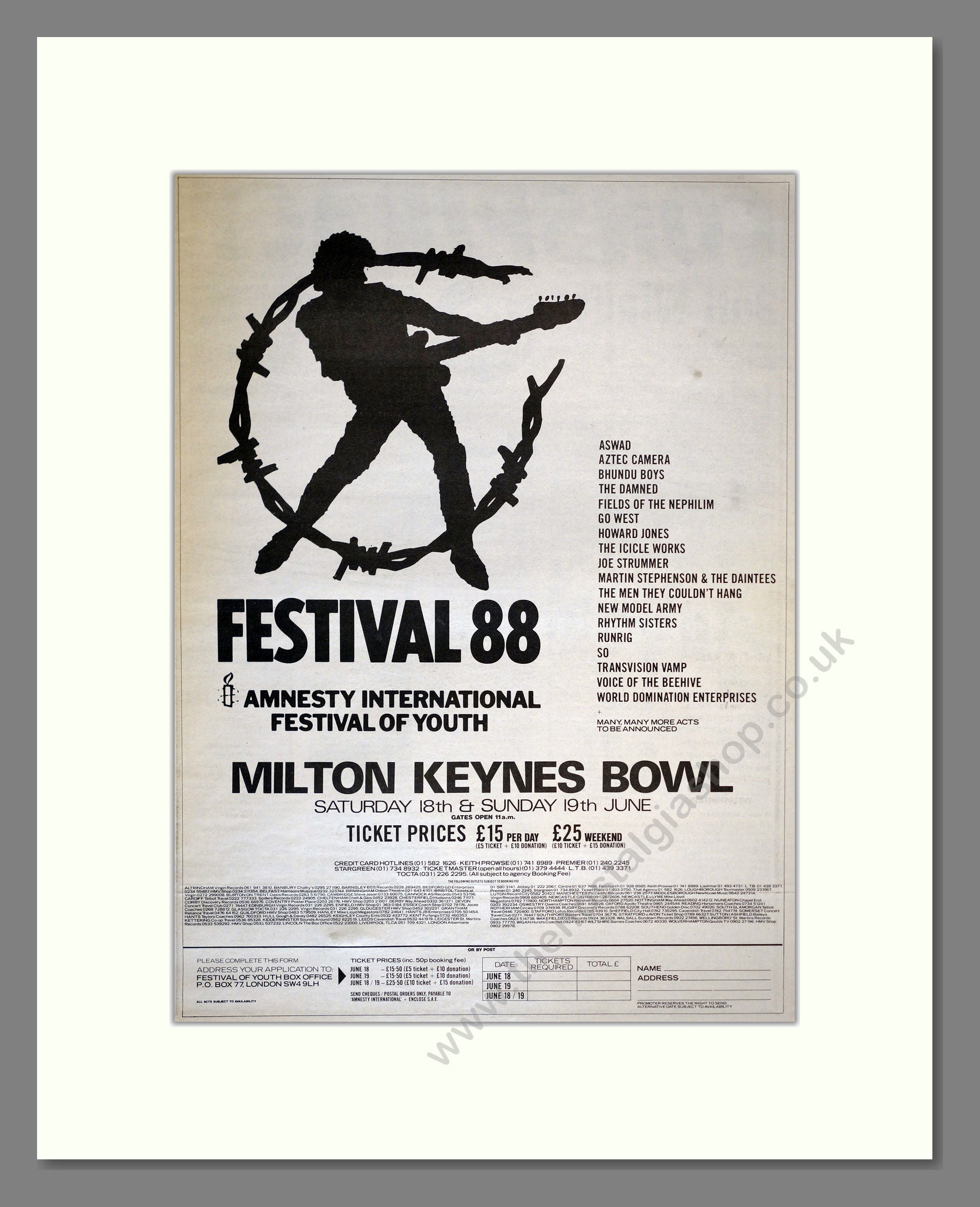 Milton Keynes Bowl - Amnesty Festival 88. Vintage Advert 1988 (ref AD17243)