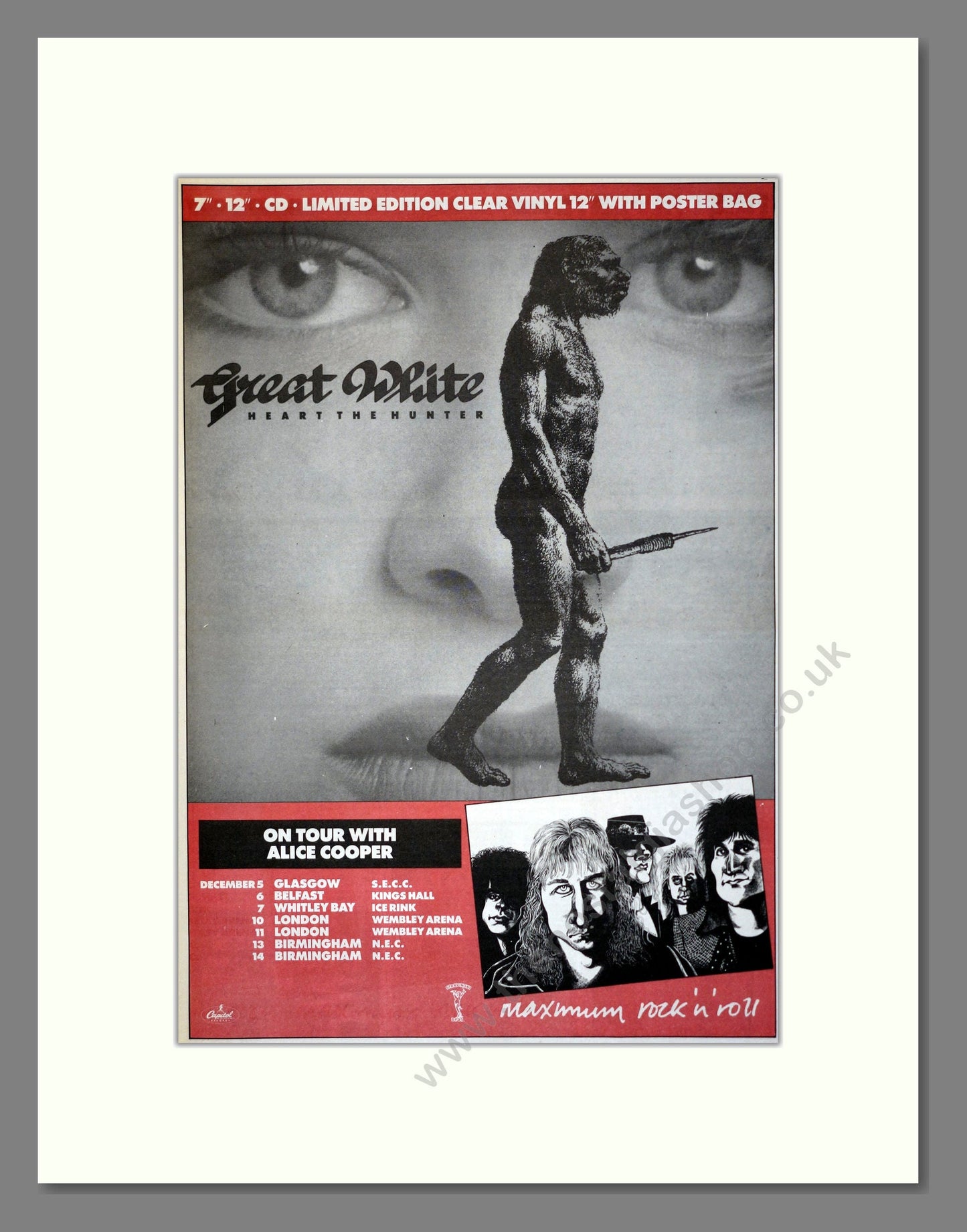 Great White - Heart The Hunter (UK Tour with Alice Cooper). Vintage Advert 1989 (ref AD17449)