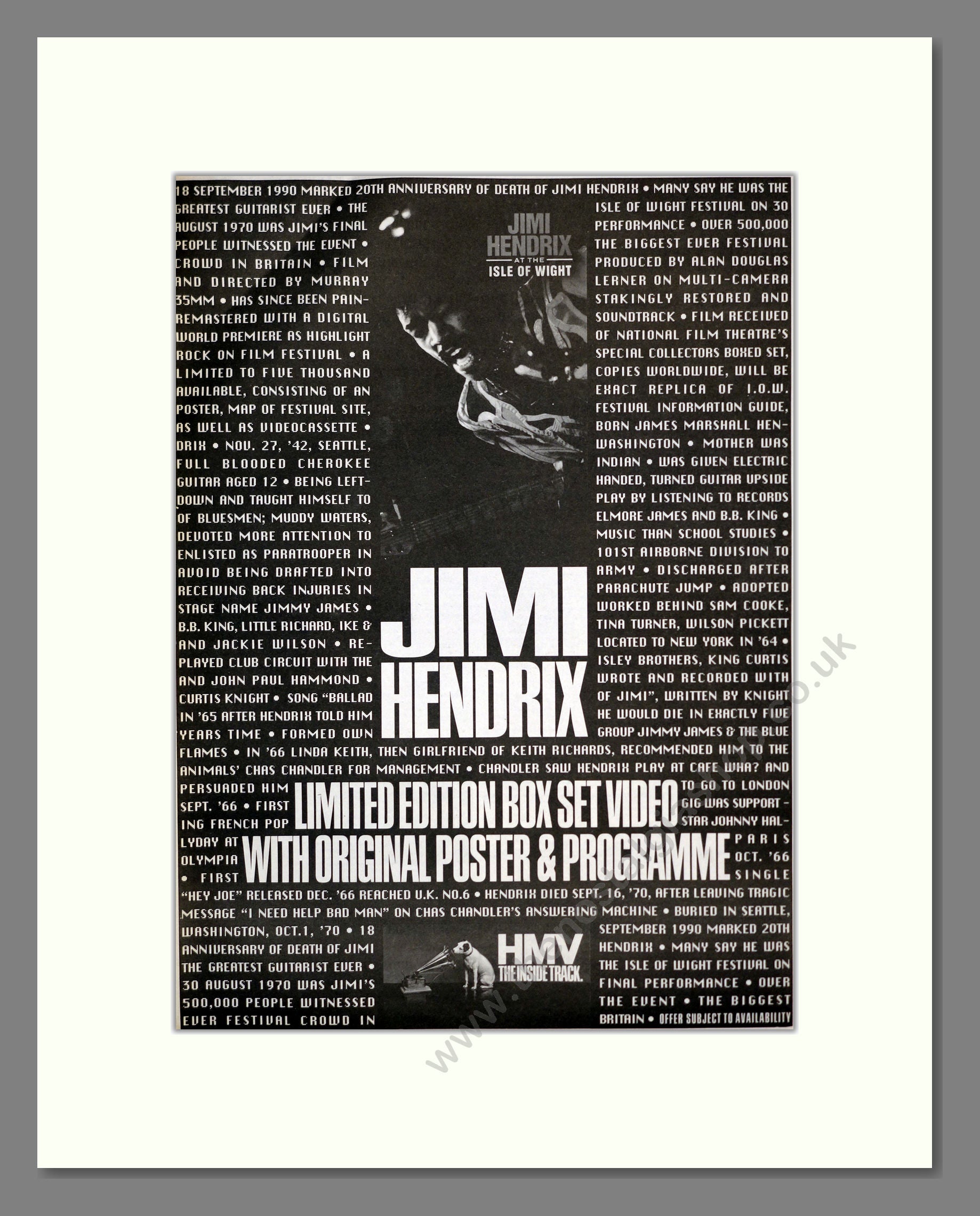 Jimi Hendrix - Box Set Video. Vintage Advert 1990 (ref AD17493)