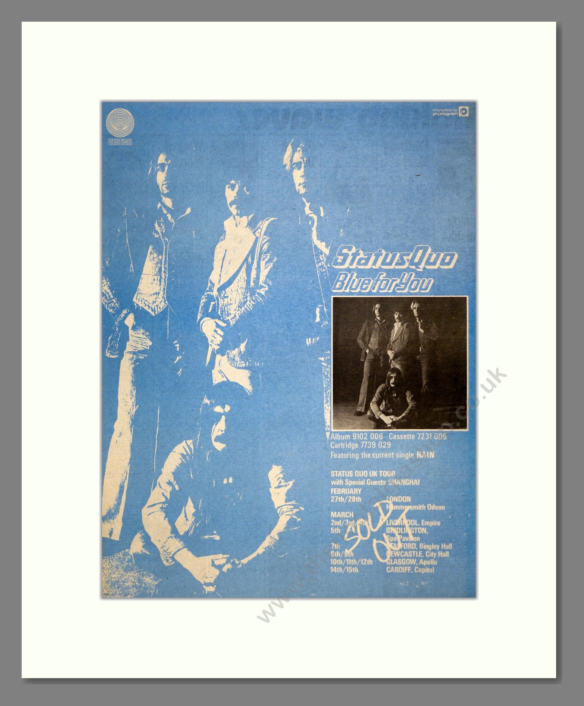 Status Quo - Blue For You (UK Tour). Vintage Advert 1976 (ref AD17557)