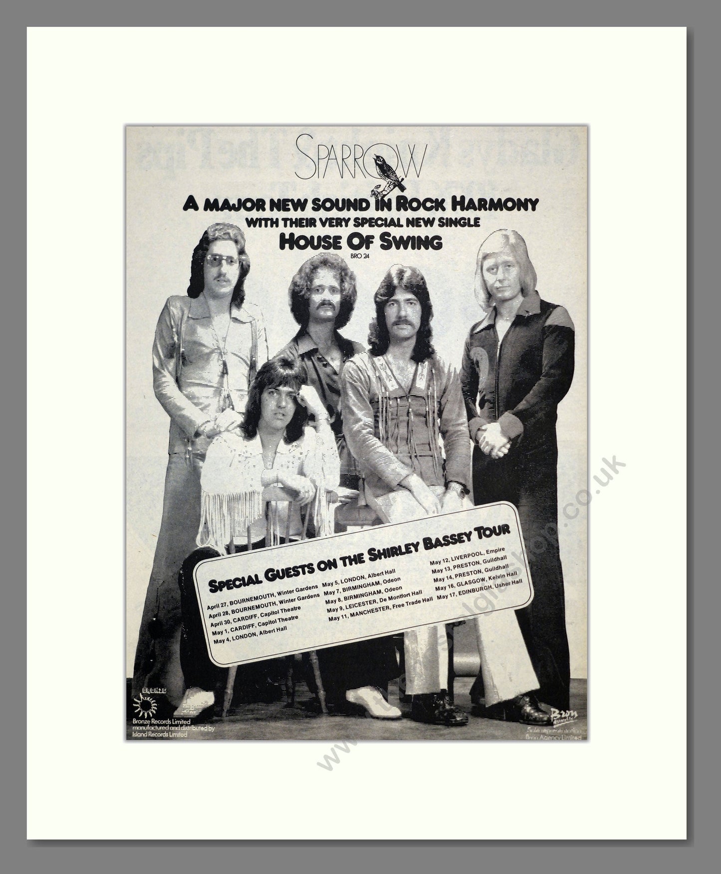 Sparrow - House Of Swing (Tour With Shirley Bassey). Vintage Advert 1976 (ref AD17568)