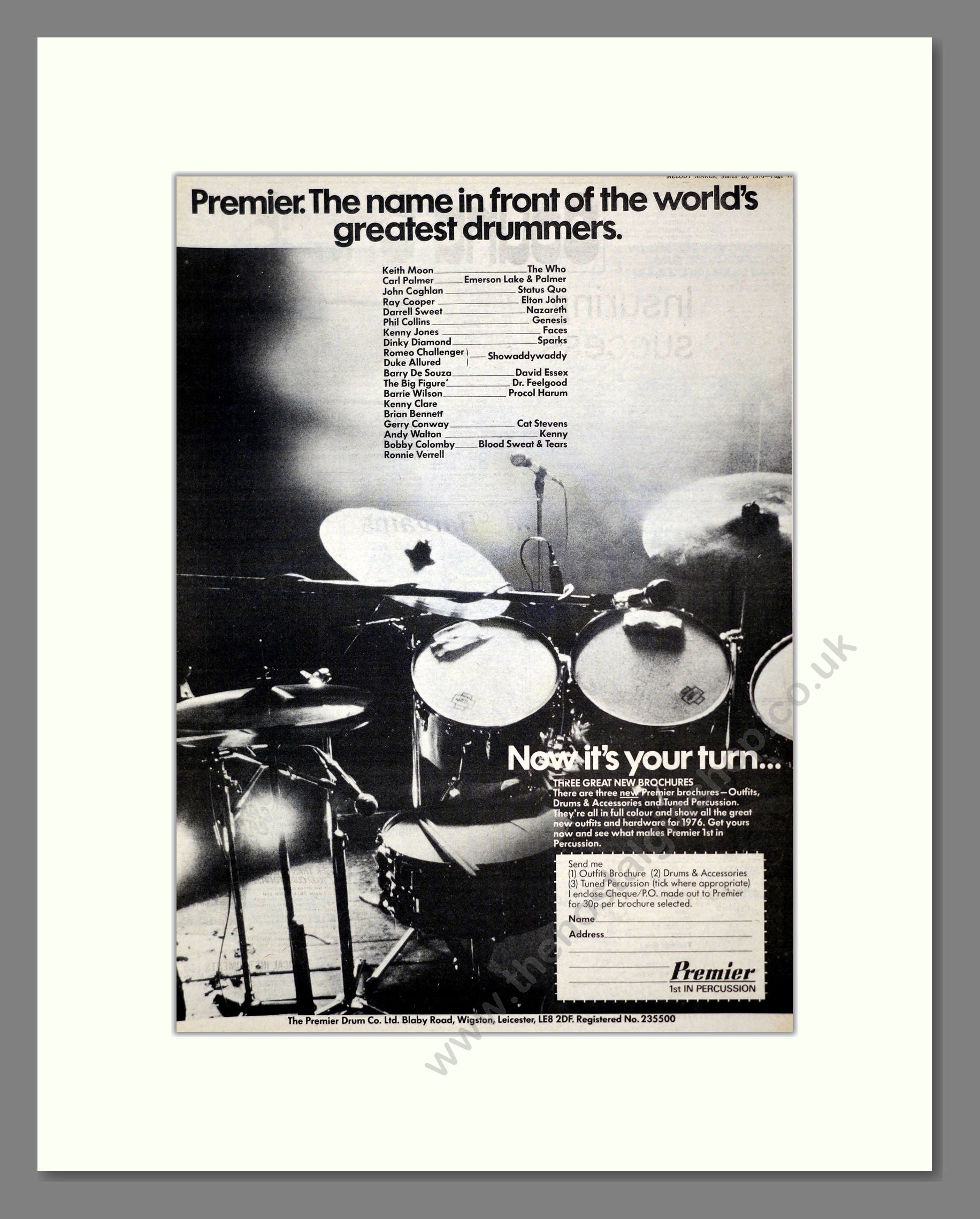 Premier Drums - Drummers List. Vintage Advert 1976 (ref AD17594)