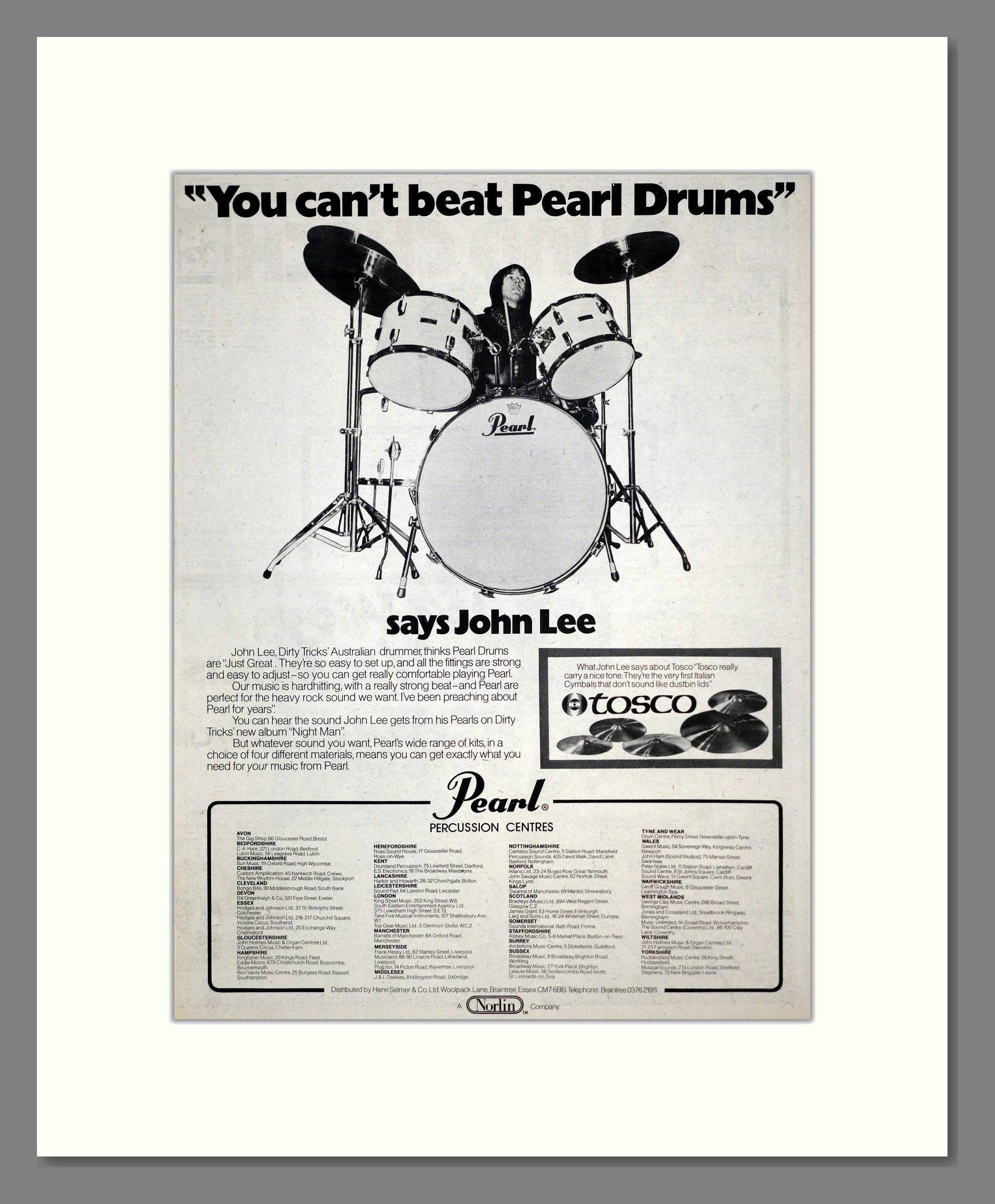 John Lee - Pearl Drums Ad. Vintage Advert 1976 (ref AD17597)