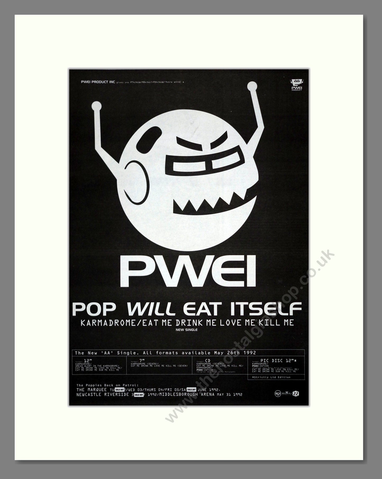 Pop Will Eat Itself - Karmadrone. Vintage Advert 1992 (ref AD17645)