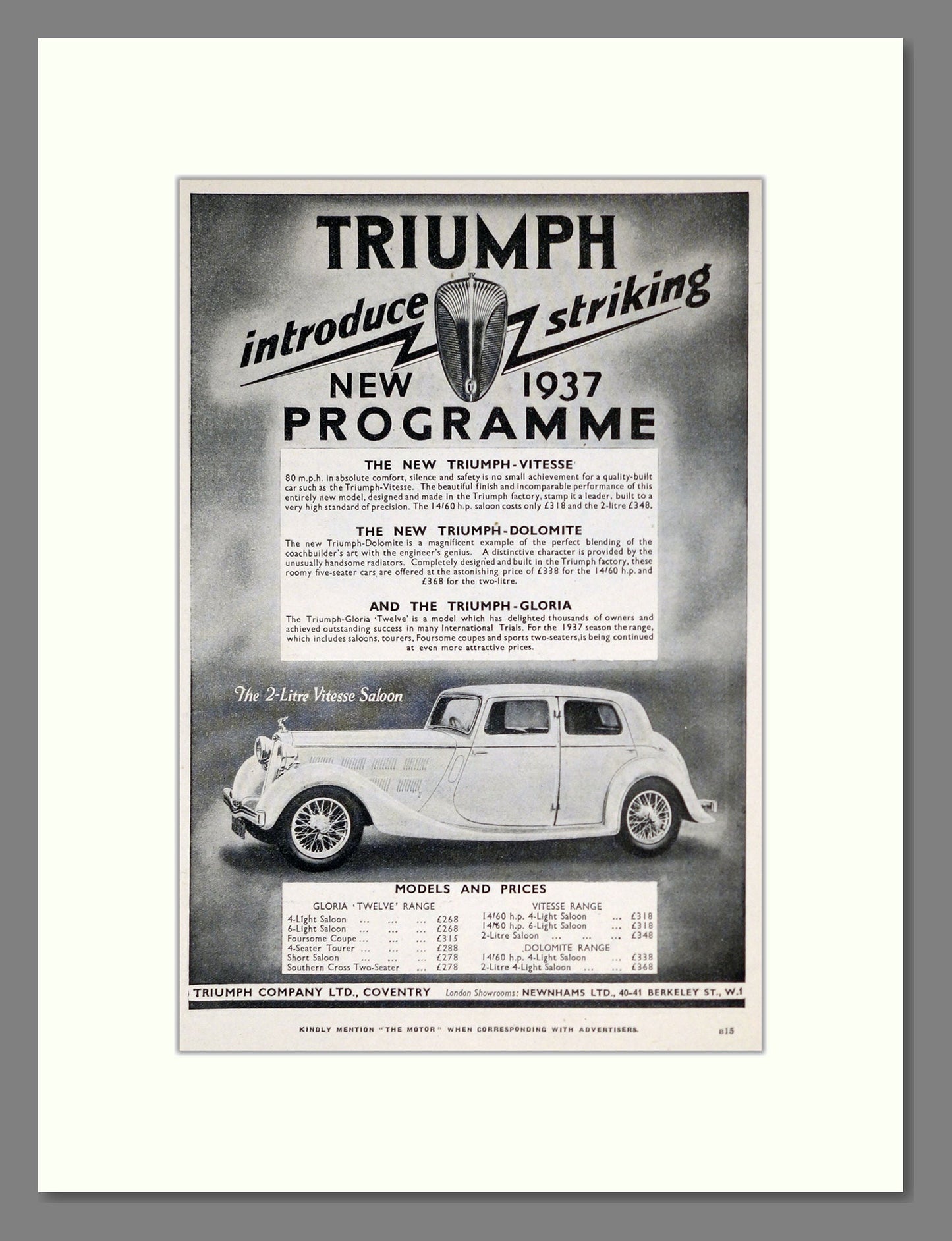 Triumph - Vitesse / Dolomite / Gloria. Vintage Advert 1936 (ref AD61204)
