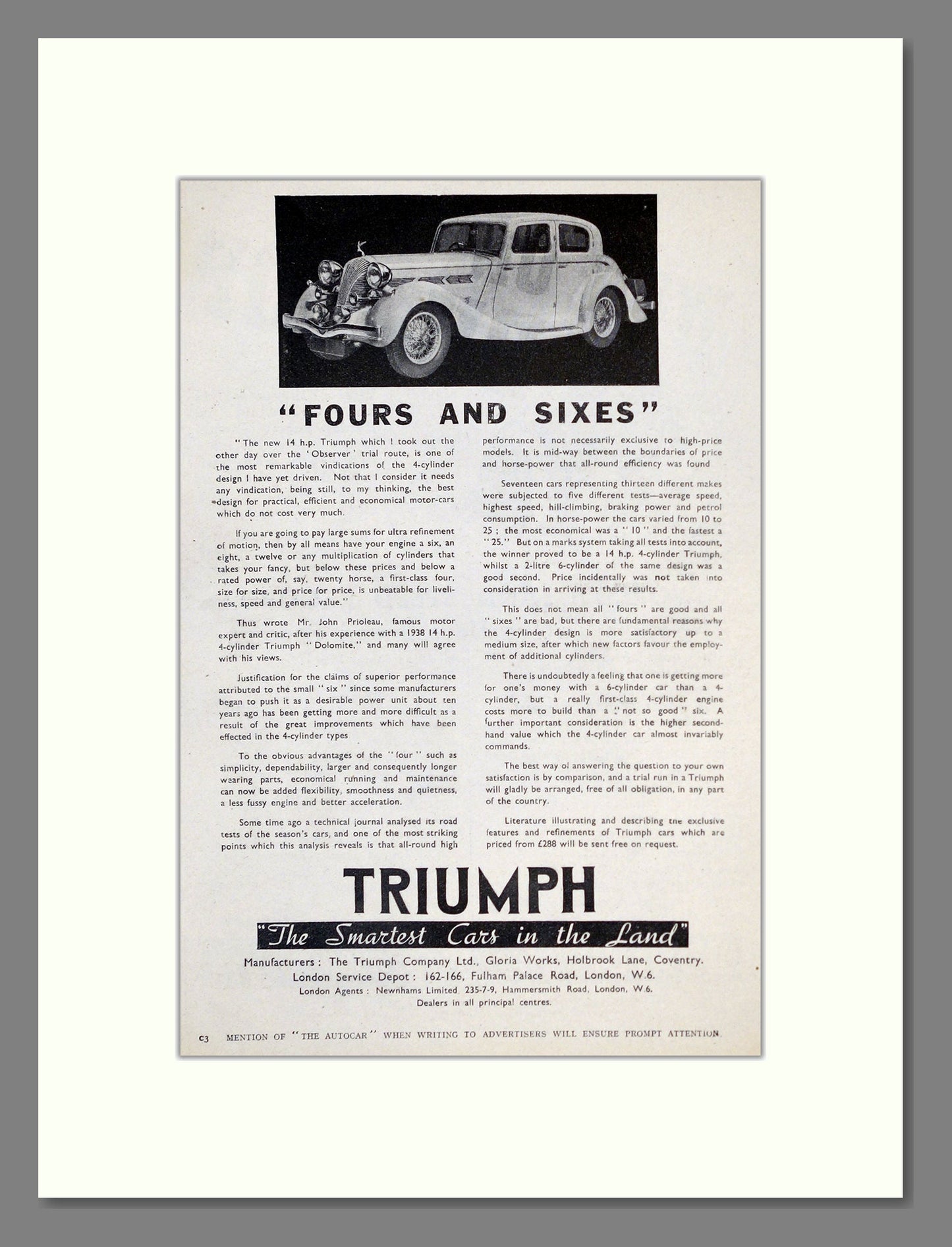 Triumph - Fours and Sixes. Vintage Advert 1938 (ref AD61213)