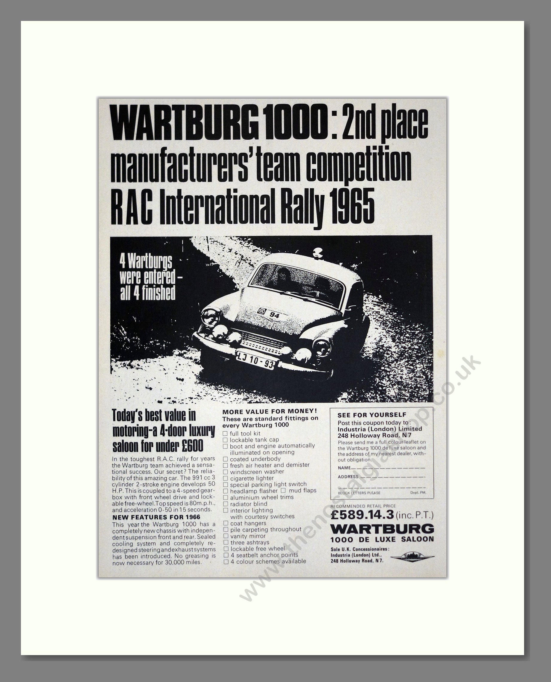Wartburg - 1000 Deluxe. Vintage Advert 1966 (ref AD61533)