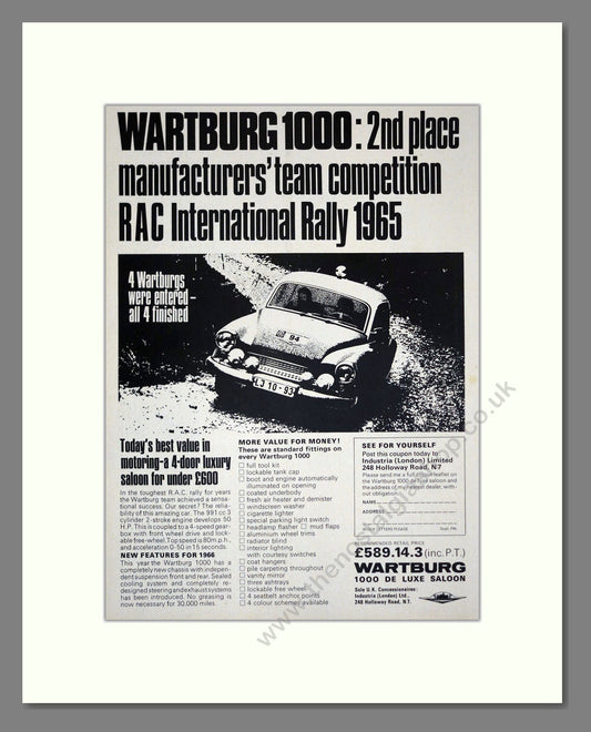 Wartburg - 1000 Deluxe. Vintage Advert 1966 (ref AD61533)