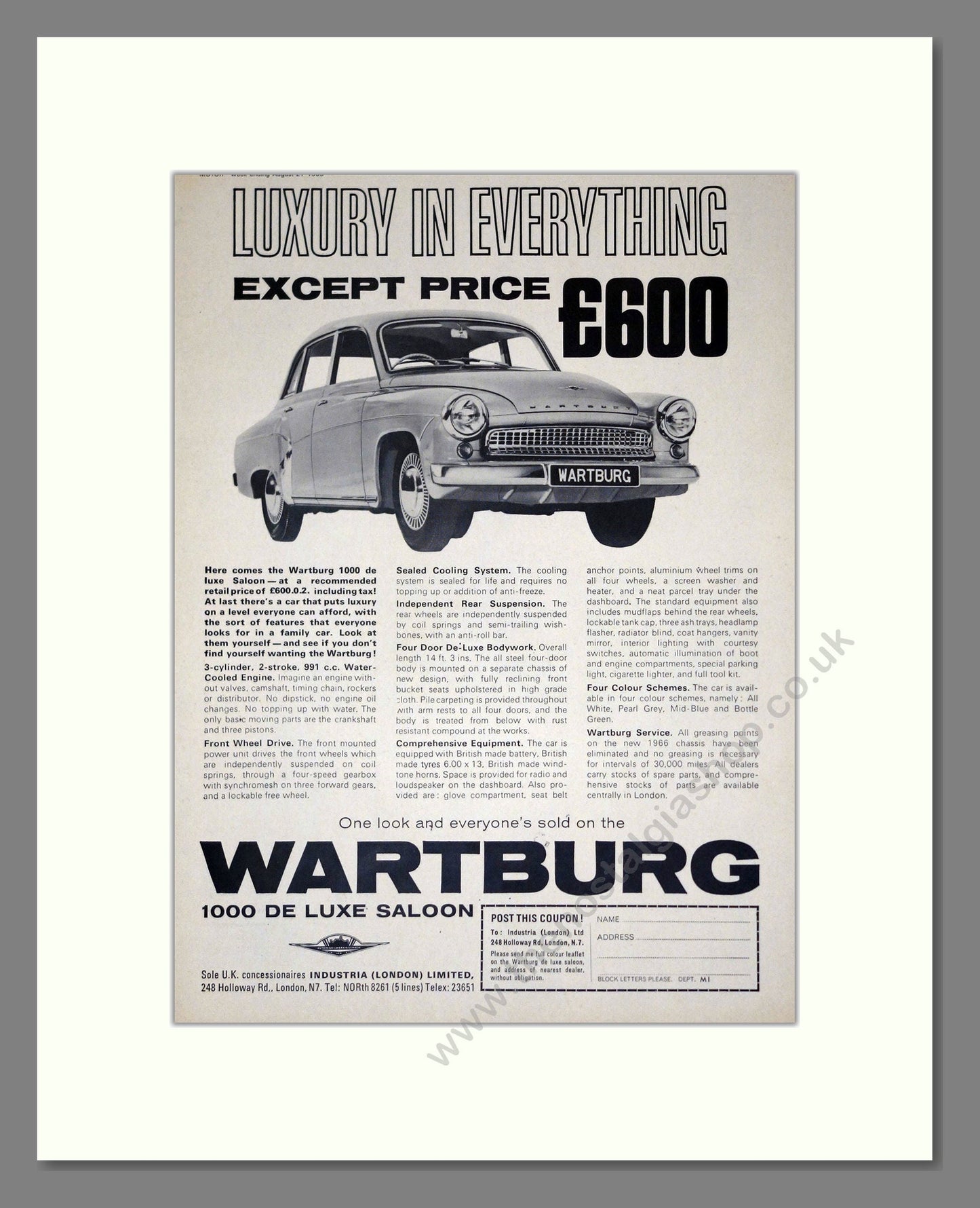 Wartburg - 1000 Deluxe. Vintage Advert 1966 (ref AD61536)