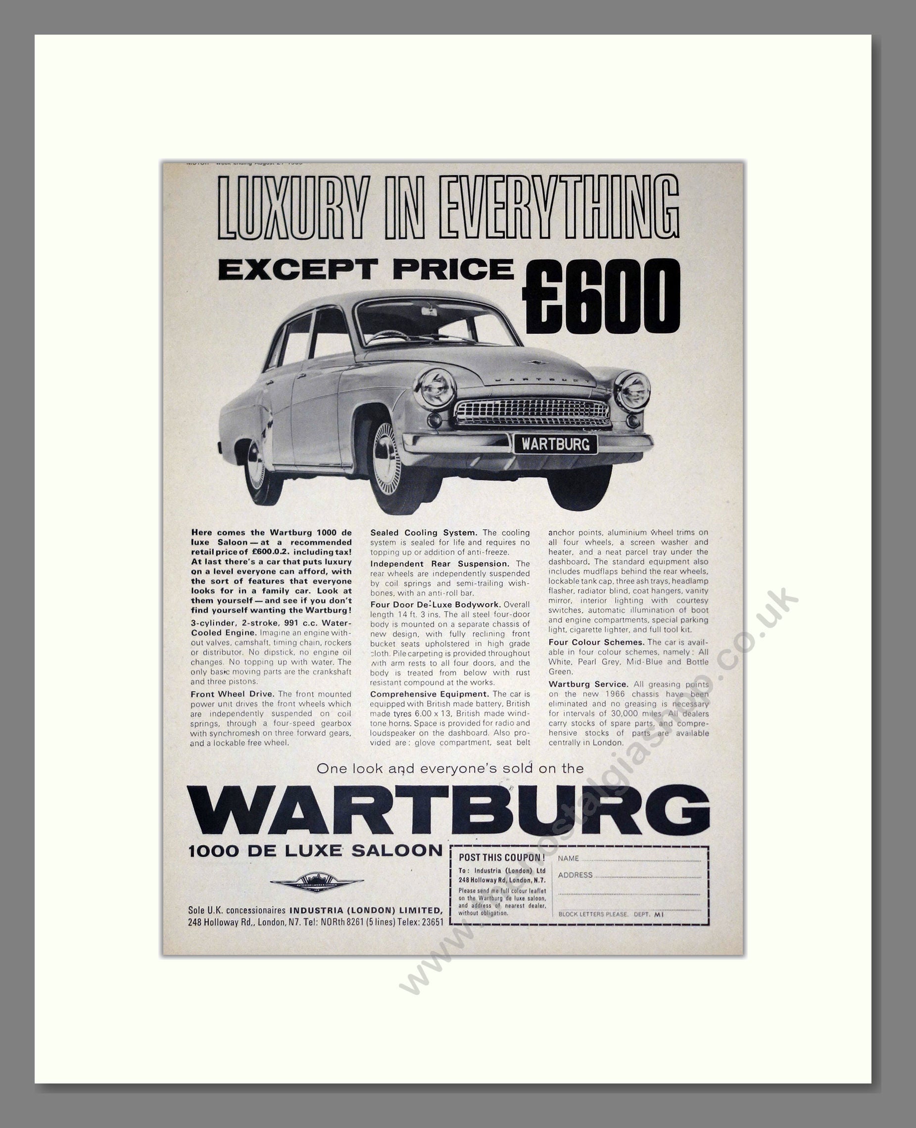 Wartburg - 1000 Deluxe. Vintage Advert 1966 (ref AD61536)