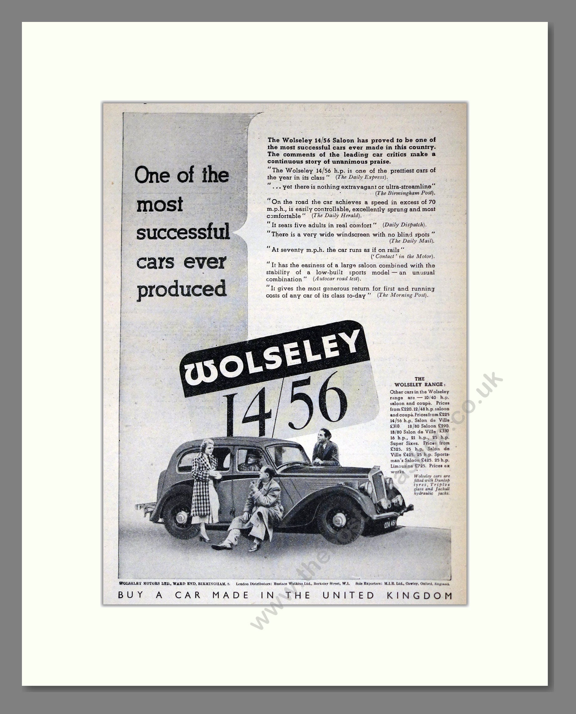 Wolseley - 14/56. Vintage Advert 1937 (ref AD61555)