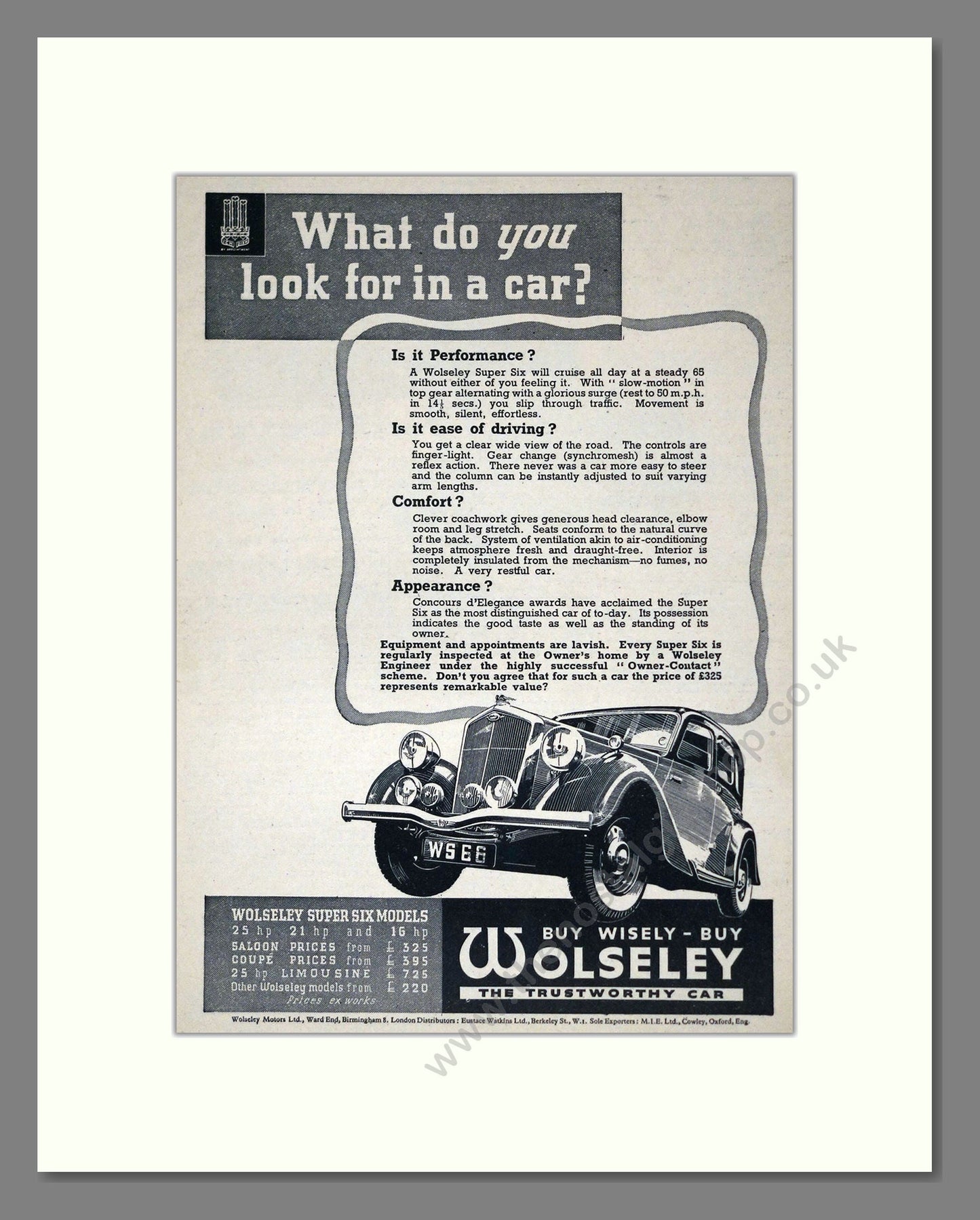 Wolseley - Super Sixes. Vintage Advert 1936 (ref AD61556)