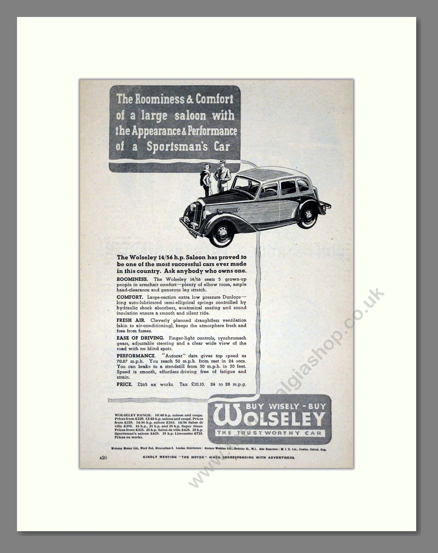 Wolseley - 14/56hp. Vintage Advert 1936 (ref AD61557)