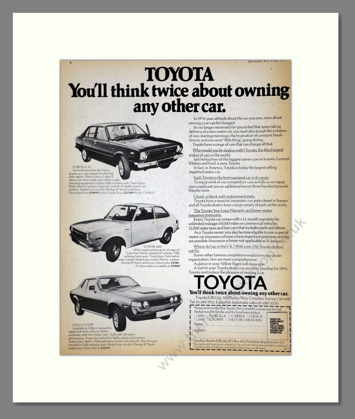 Toyota - Corolla / 1000 / Celica. Vintage Advert 1976 (ref AD61715)