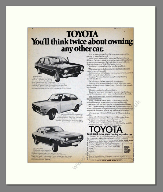 Toyota - Corolla / 1000 / Celica. Vintage Advert 1976 (ref AD61715)