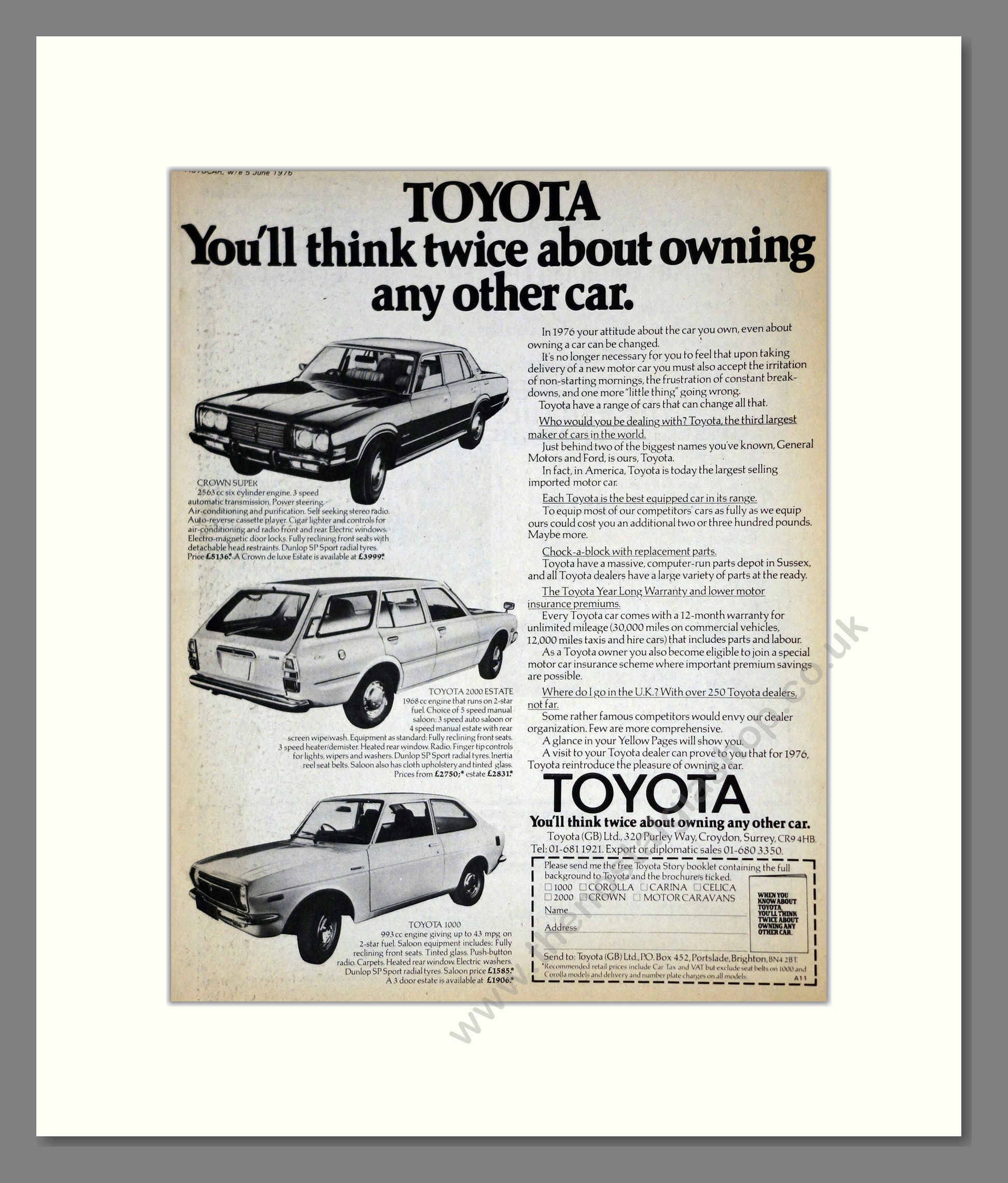 Toyota - Crown / 2000 / 1000. Vintage Advert 1976 (ref AD61716)