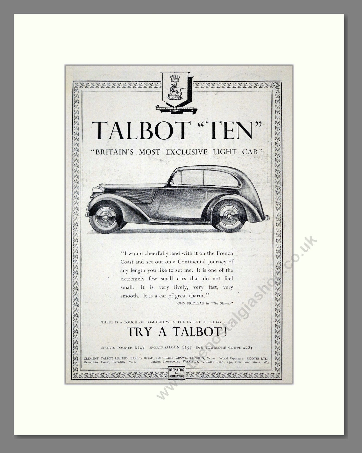 Talbot - Ten. Vintage Advert 1938 (ref AD61791)