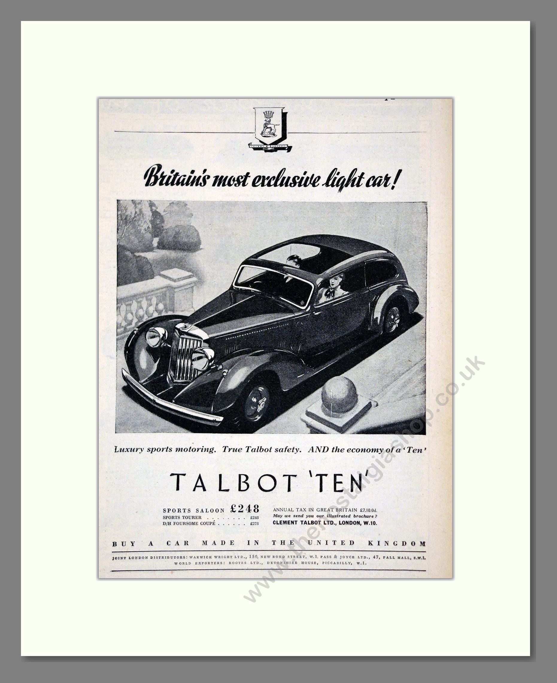 Talbot - Ten. Vintage Advert 1937 (ref AD61792)