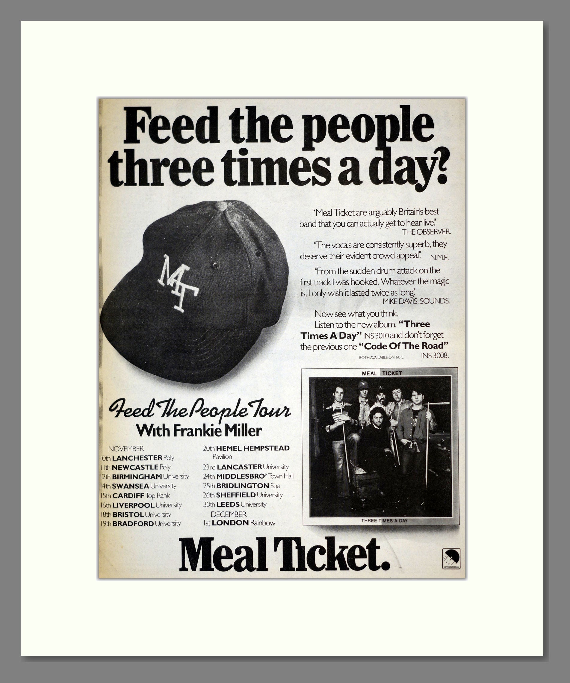Meal Ticket - Feed The People Tour. Vintage Advert 1977 (ref AD17695)