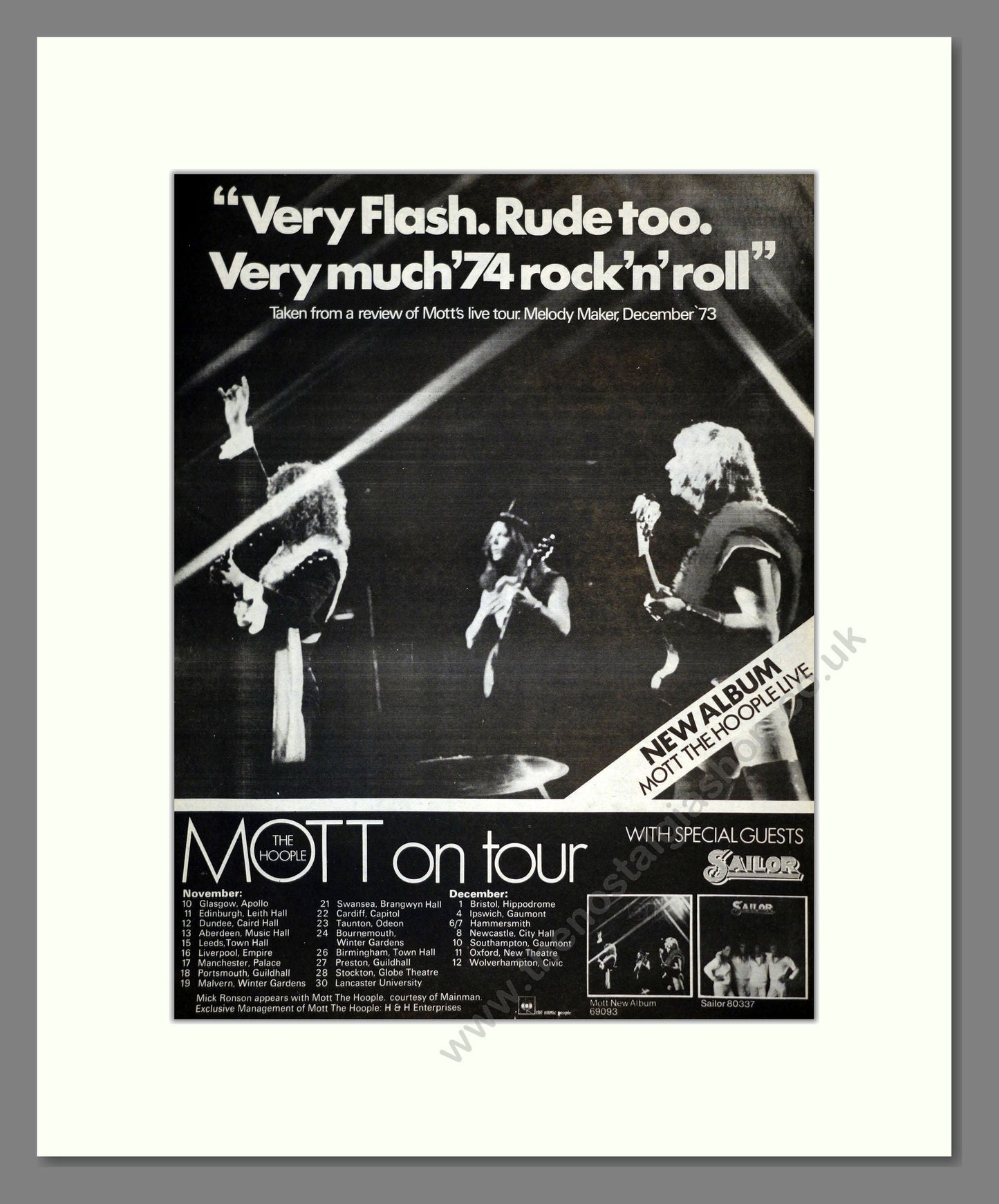 Mott The Hoople - UK Tour. Vintage Advert 1974 (ref AD17706)