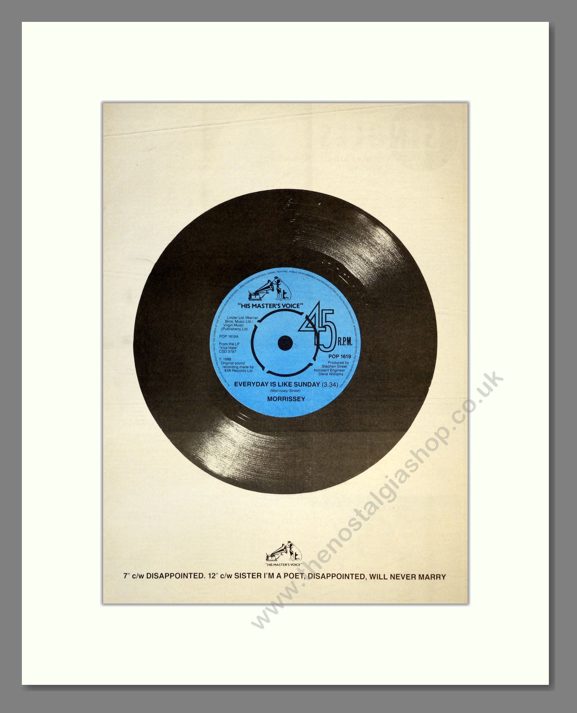 Morrissey - Every Day Is Like Sunday. Vintage Advert 1988 (ref AD17710)