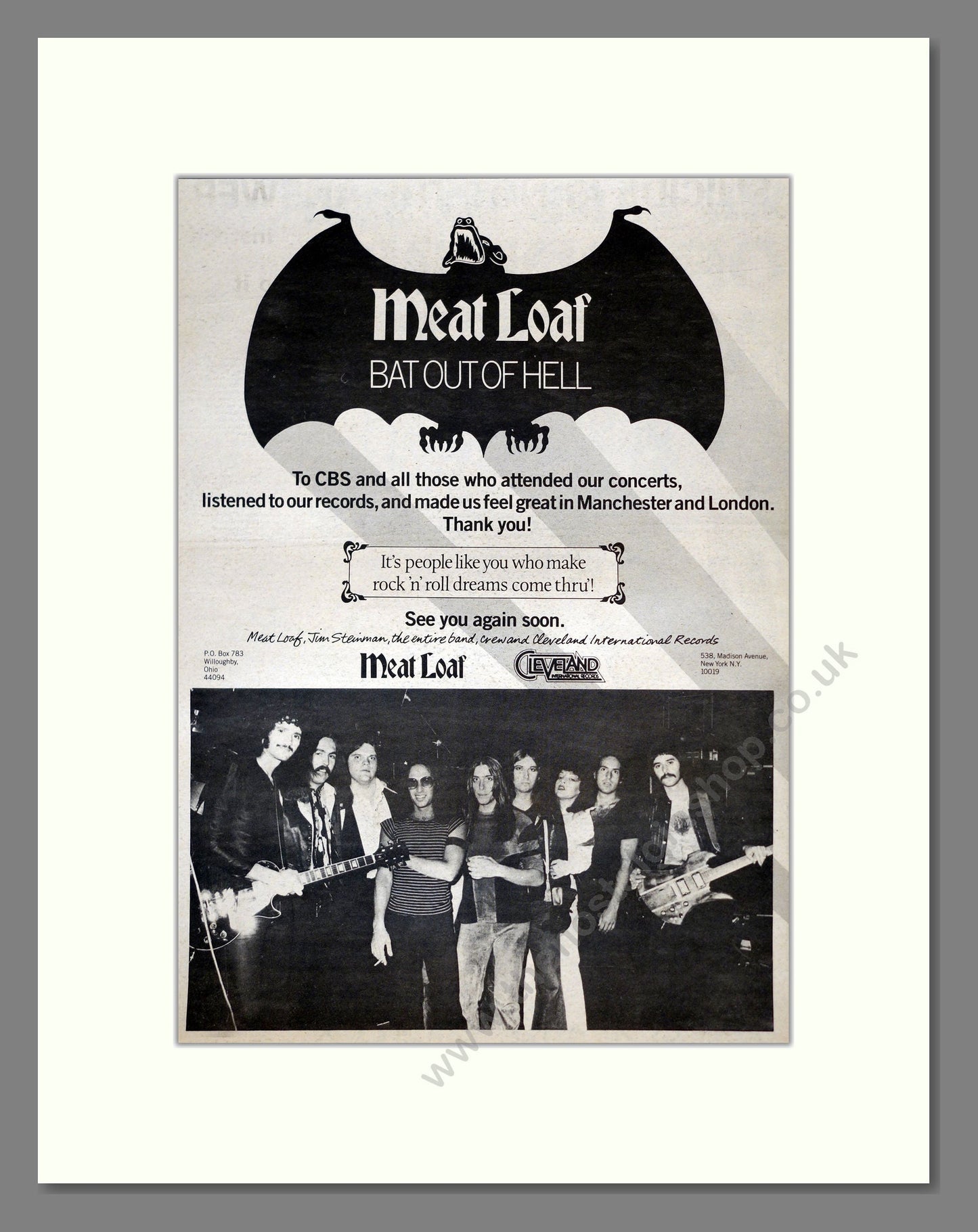 Meat Loaf - Bat Out Of Hell (Thankyou to Fans). Vintage Advert 1978 (ref AD17732)