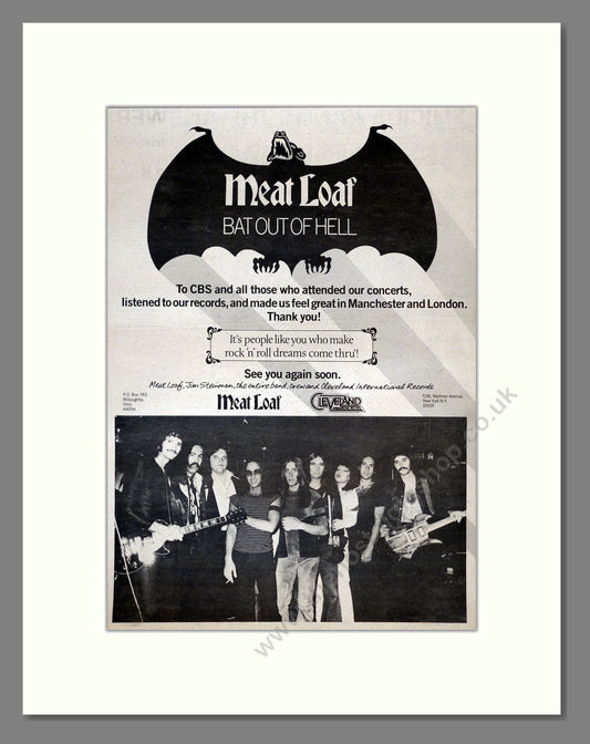 Meat Loaf - Bat Out Of Hell (Thankyou to Fans). Vintage Advert 1978 (ref AD17732)