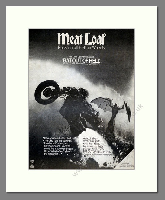 Meat Loaf - Bat Out Of Hell. Vintage Advert 1978 (ref AD17733)