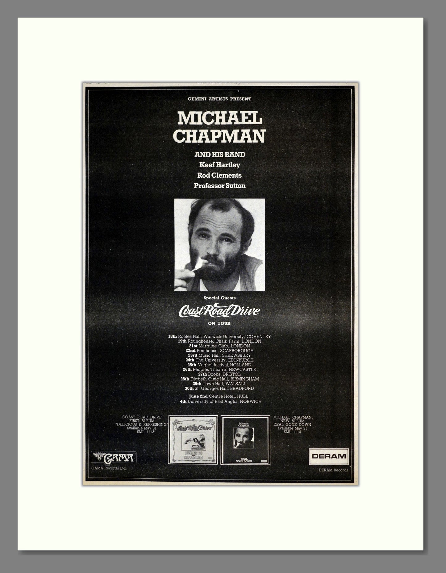 Michael Chapman - UK Tour. Vintage Advert 1974 (ref AD17786)